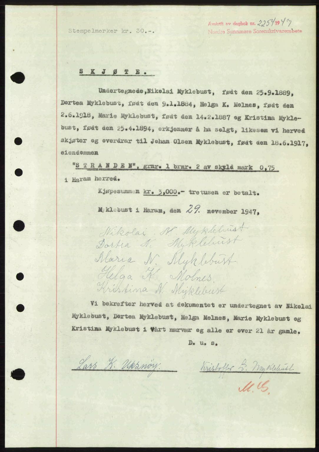 Nordre Sunnmøre sorenskriveri, AV/SAT-A-0006/1/2/2C/2Ca: Pantebok nr. A26, 1947-1948, Dagboknr: 2254/1947