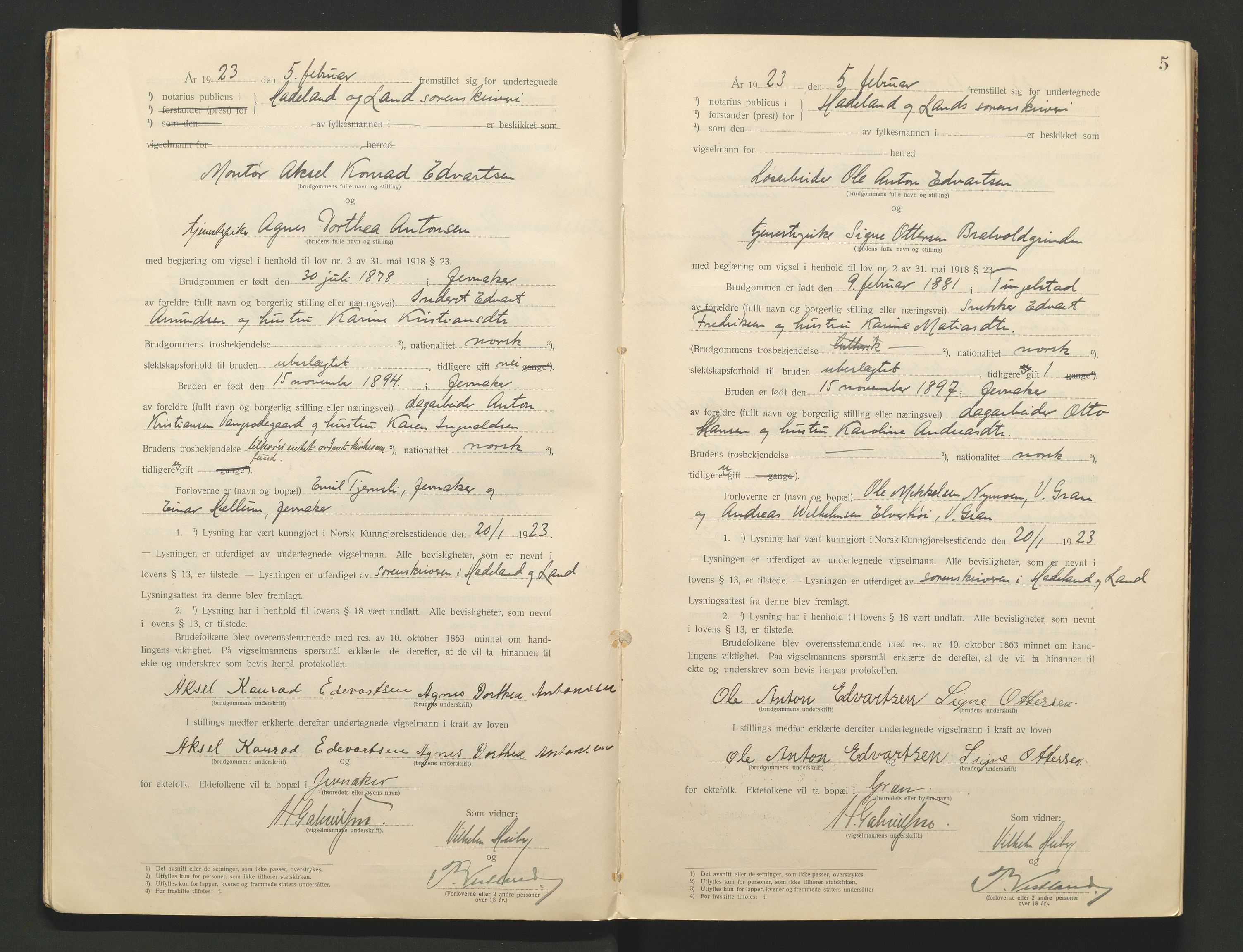 Hadeland og Land tingrett, AV/SAH-TING-010/L/Lb/L0001: Vigselbok, 1920-1943, s. 5