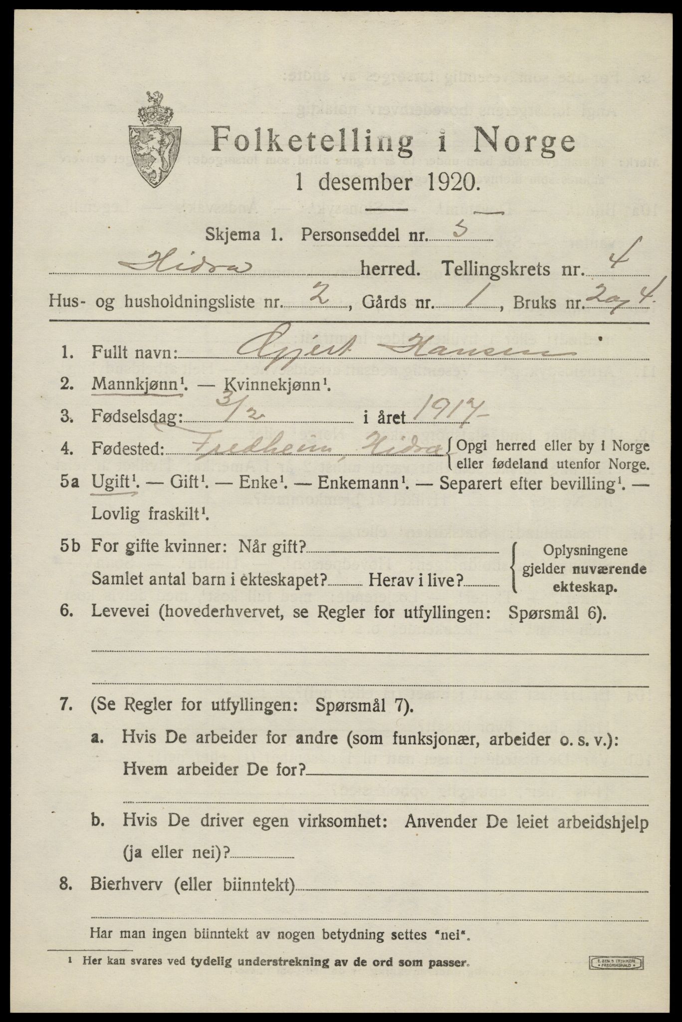 SAK, Folketelling 1920 for 1042 Hidra herred, 1920, s. 2104