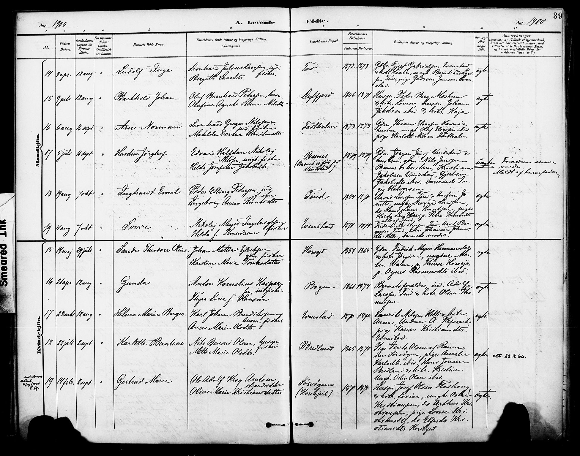 Ministerialprotokoller, klokkerbøker og fødselsregistre - Nordland, AV/SAT-A-1459/886/L1220: Ministerialbok nr. 886A02, 1892-1903, s. 39