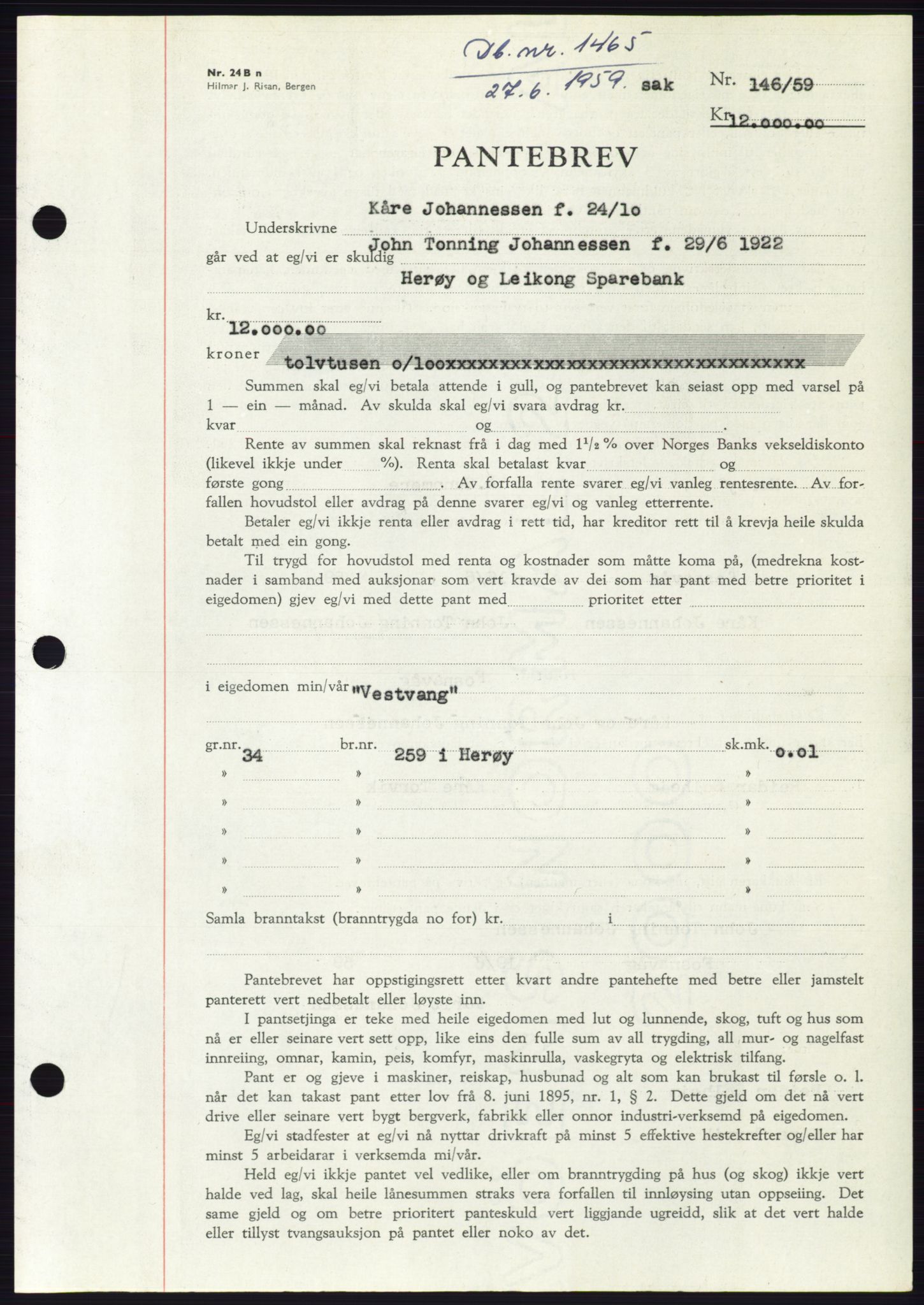Søre Sunnmøre sorenskriveri, SAT/A-4122/1/2/2C/L0133: Pantebok nr. 21B, 1959-1959, Dagboknr: 1465/1959