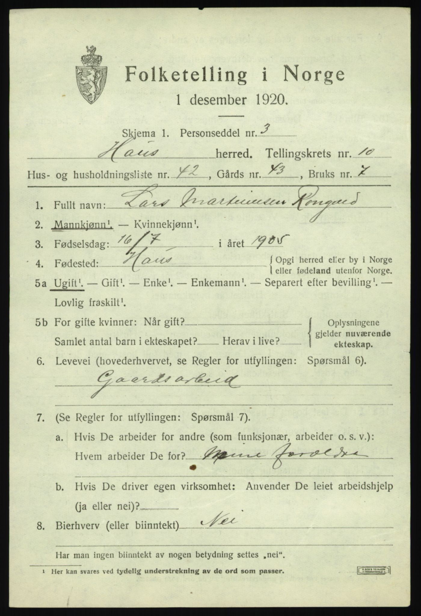 SAB, Folketelling 1920 for 1250 Haus herred, 1920, s. 6705