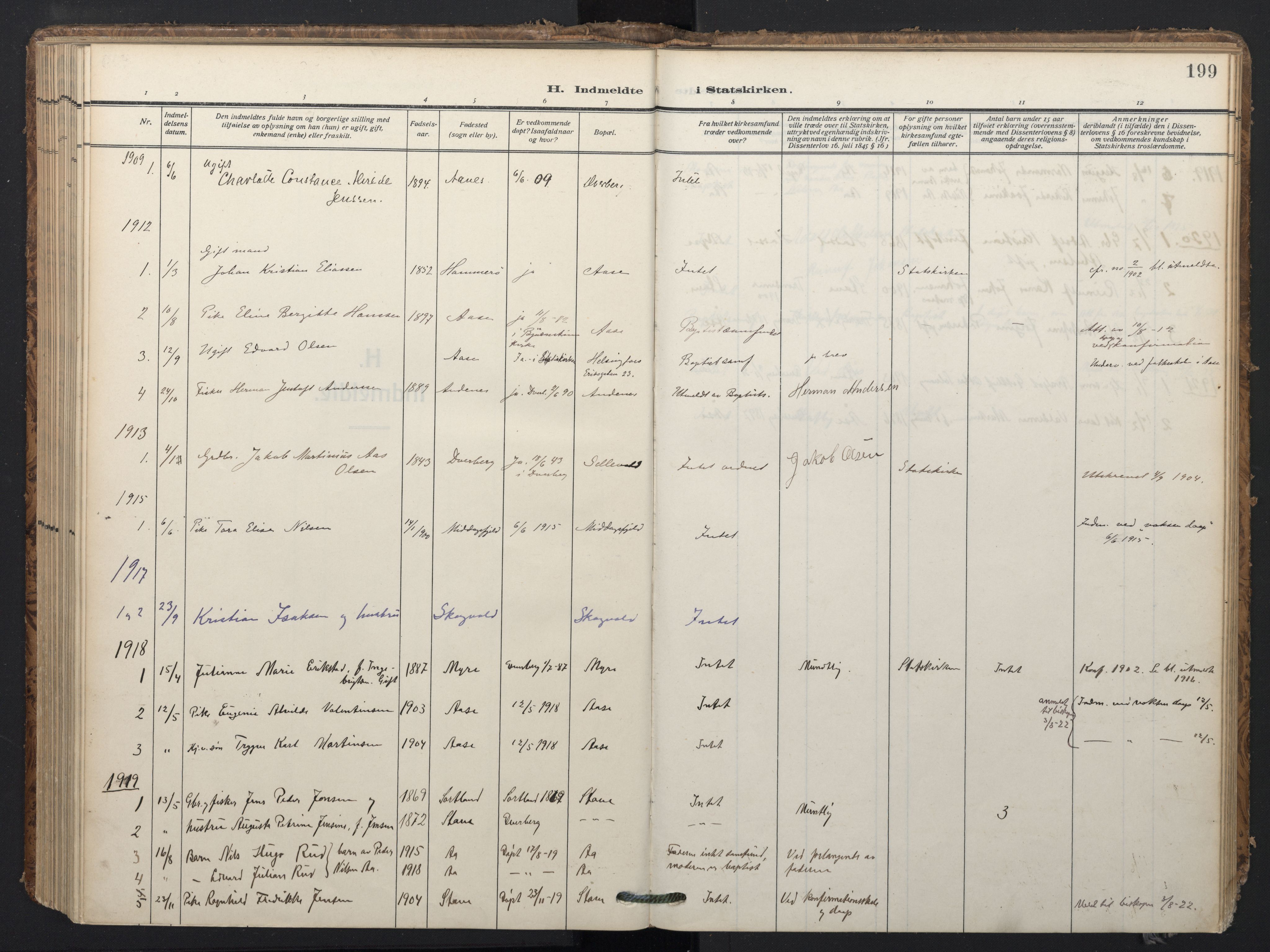 Ministerialprotokoller, klokkerbøker og fødselsregistre - Nordland, AV/SAT-A-1459/897/L1401: Ministerialbok nr. 897A08, 1909-1921, s. 199