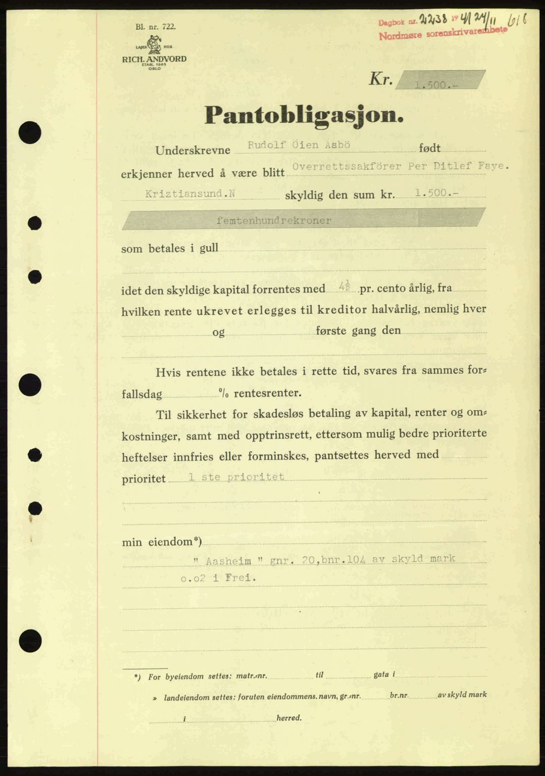 Nordmøre sorenskriveri, SAT/A-4132/1/2/2Ca: Pantebok nr. B88, 1941-1942, Dagboknr: 2238/1941