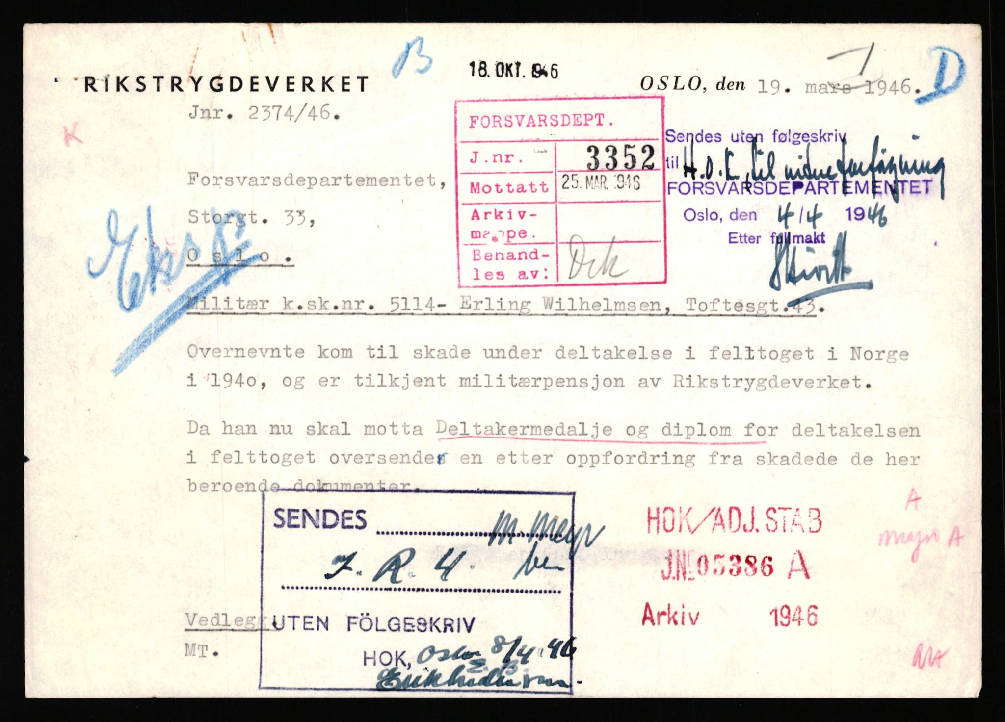 Forsvaret, Jegerkorpset - Akershus infantriregiment nr. 4, AV/RA-RAFA-2947/D/Dd/L0056: DELTAKERMEDALJEN 2. VERDENSKRIG BOKS 4 N-Ø, 1945-1950, s. 1080