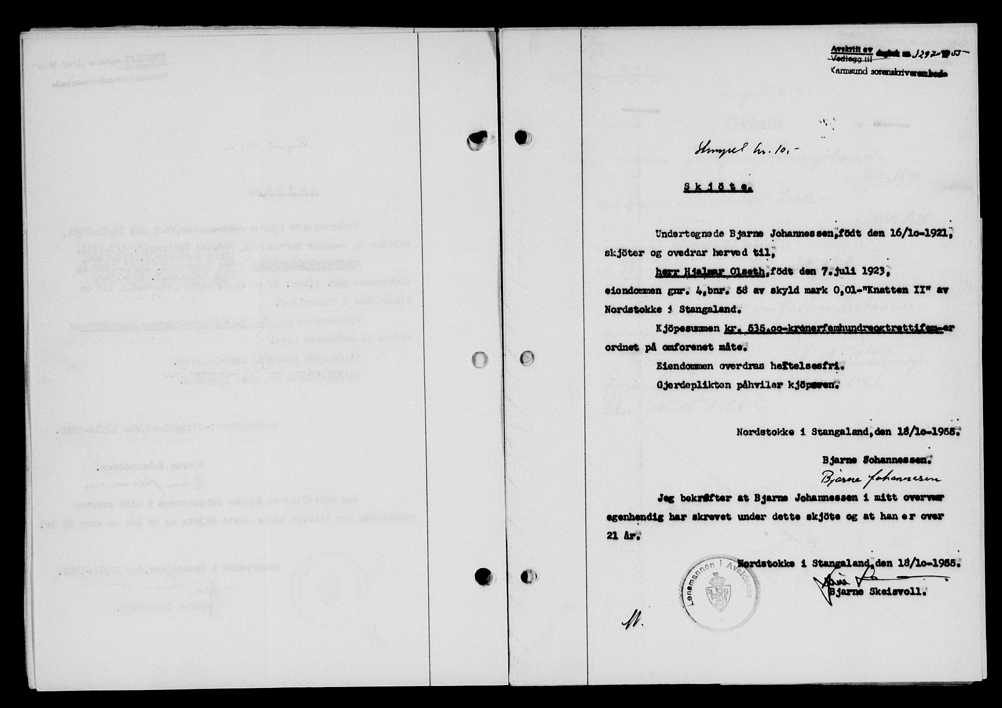 Karmsund sorenskriveri, SAST/A-100311/01/II/IIB/L0117: Pantebok nr. 97Aa, 1955-1955, Dagboknr: 3297/1955