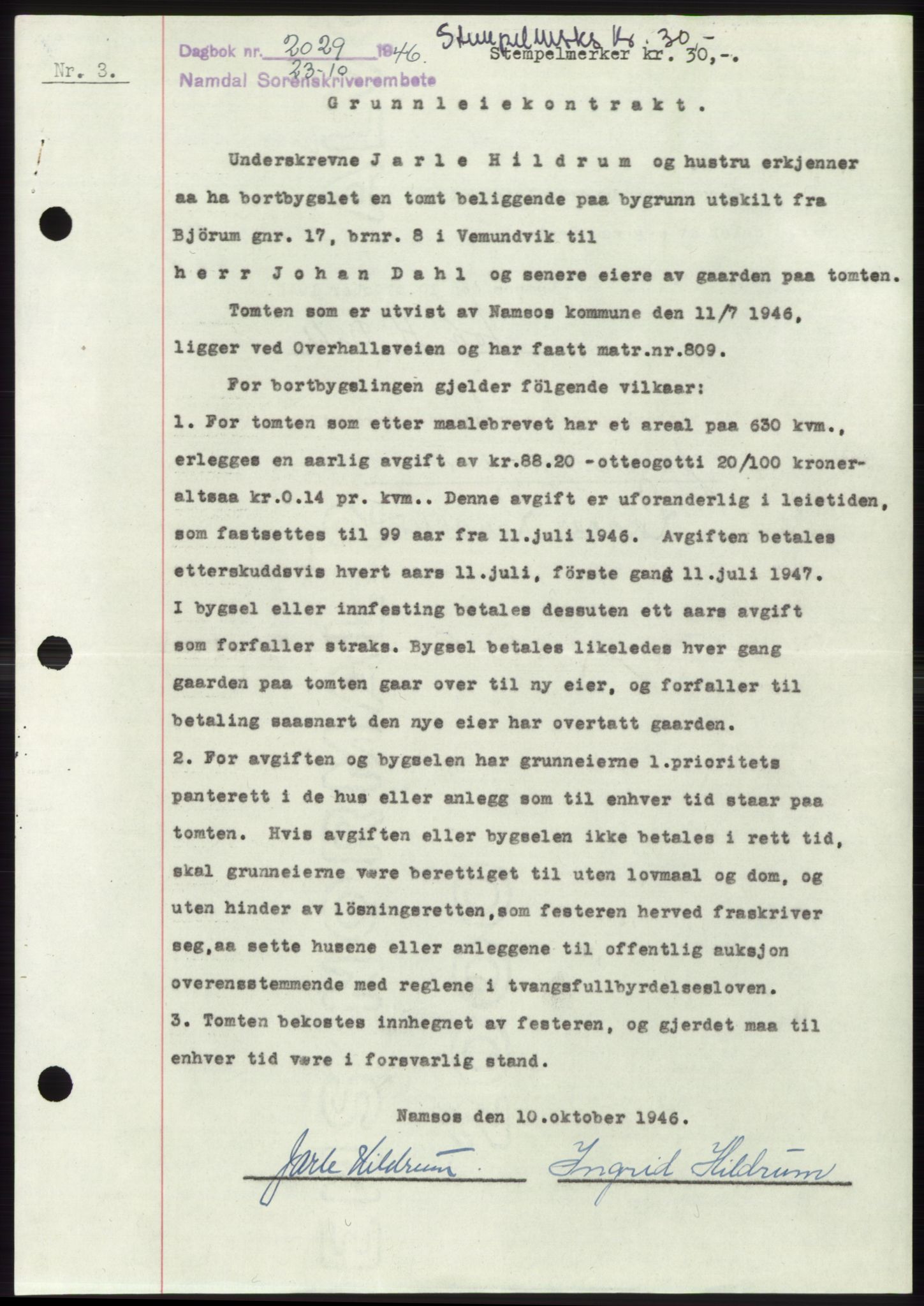 Namdal sorenskriveri, SAT/A-4133/1/2/2C: Pantebok nr. -, 1946-1947, Dagboknr: 2029/1946