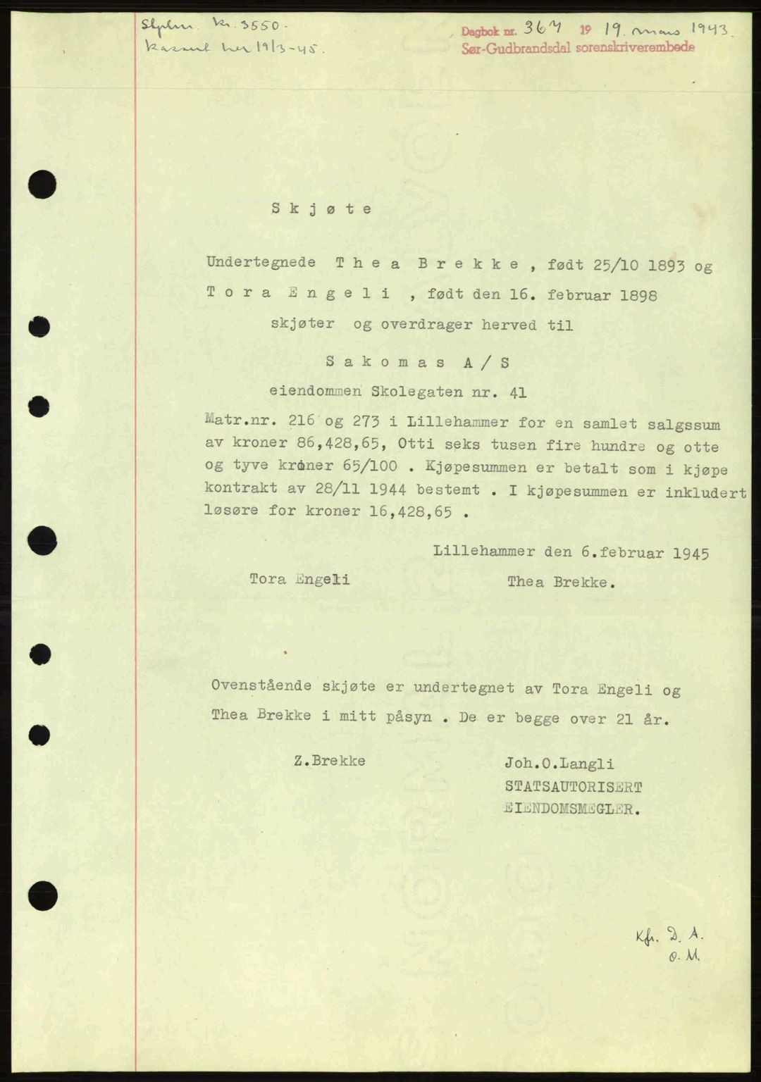 Sør-Gudbrandsdal tingrett, SAH/TING-004/H/Hb/Hbd/L0014: Pantebok nr. A14, 1944-1945, Dagboknr: 367/1945