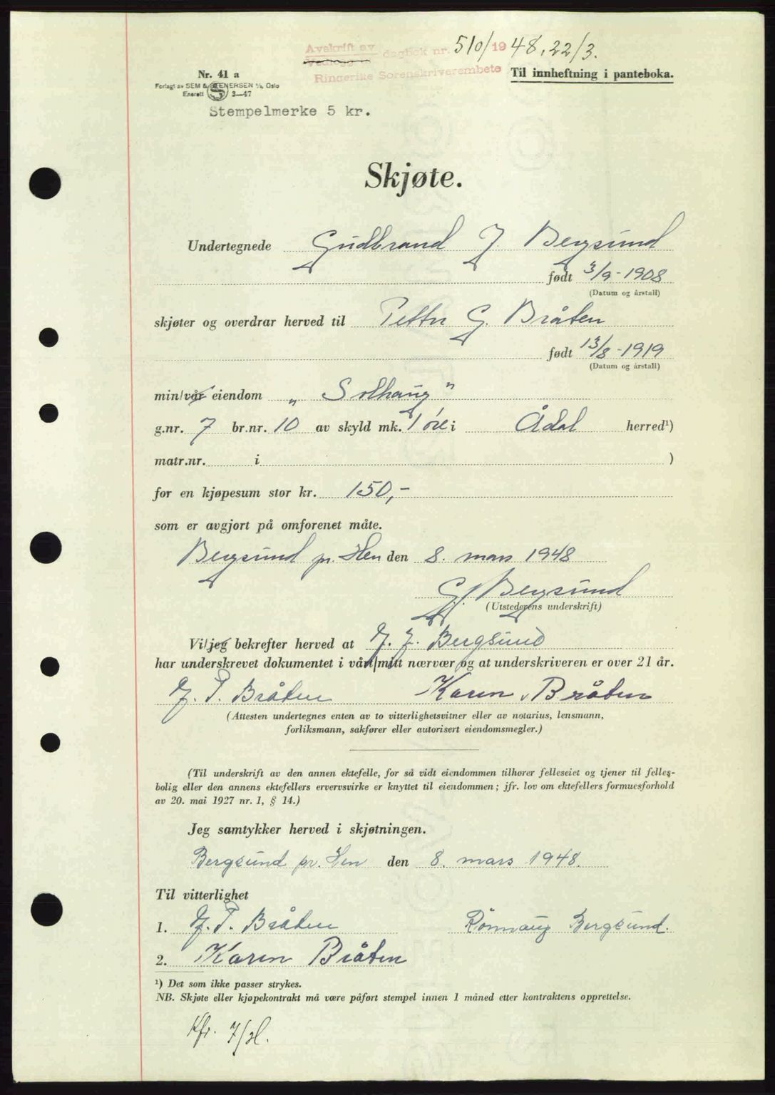 Ringerike sorenskriveri, SAKO/A-105/G/Ga/Gab/L0088: Pantebok nr. A-19, 1948-1948, Dagboknr: 510/1948