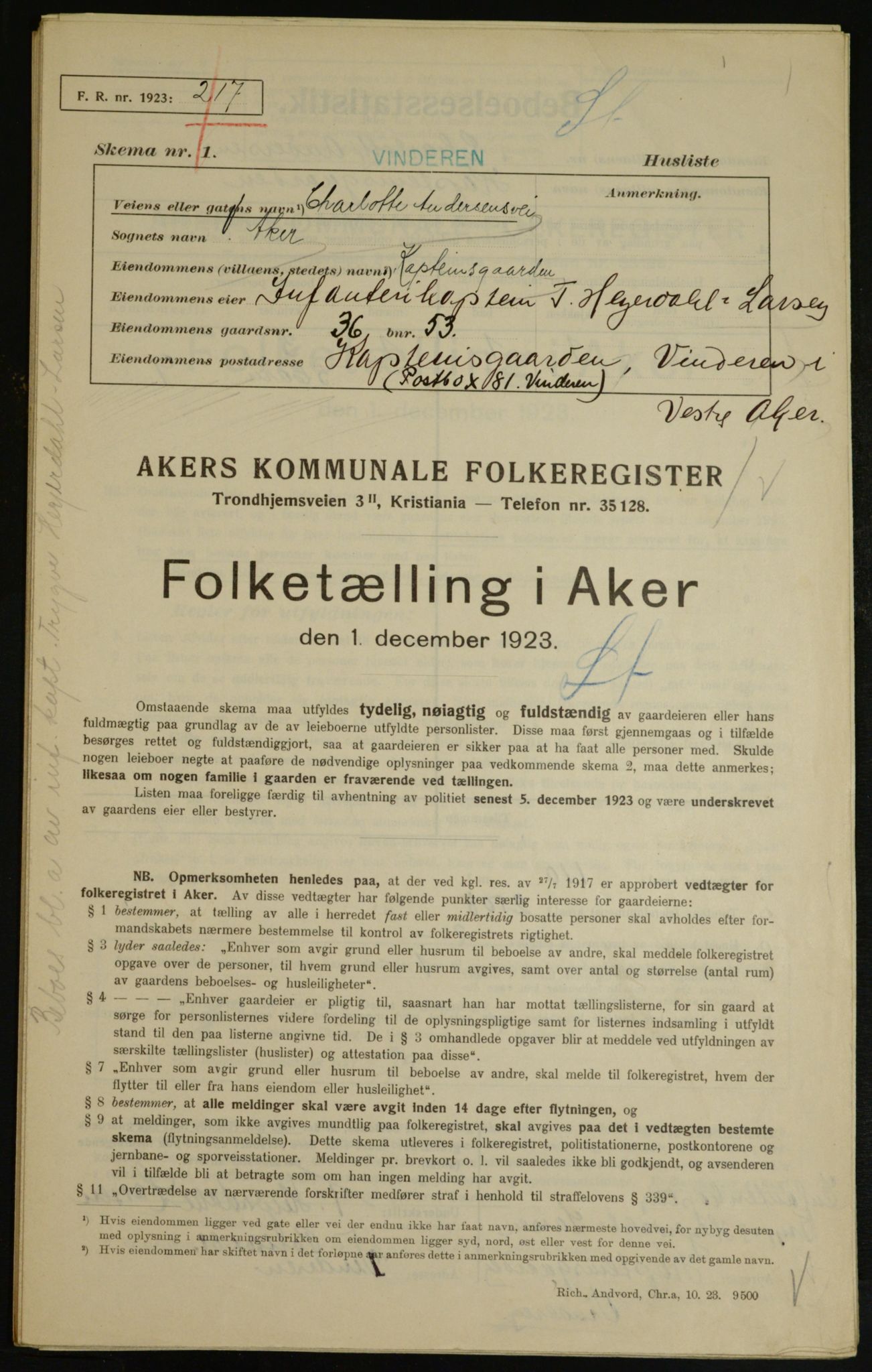 , Kommunal folketelling 1.12.1923 for Aker, 1923, s. 8708