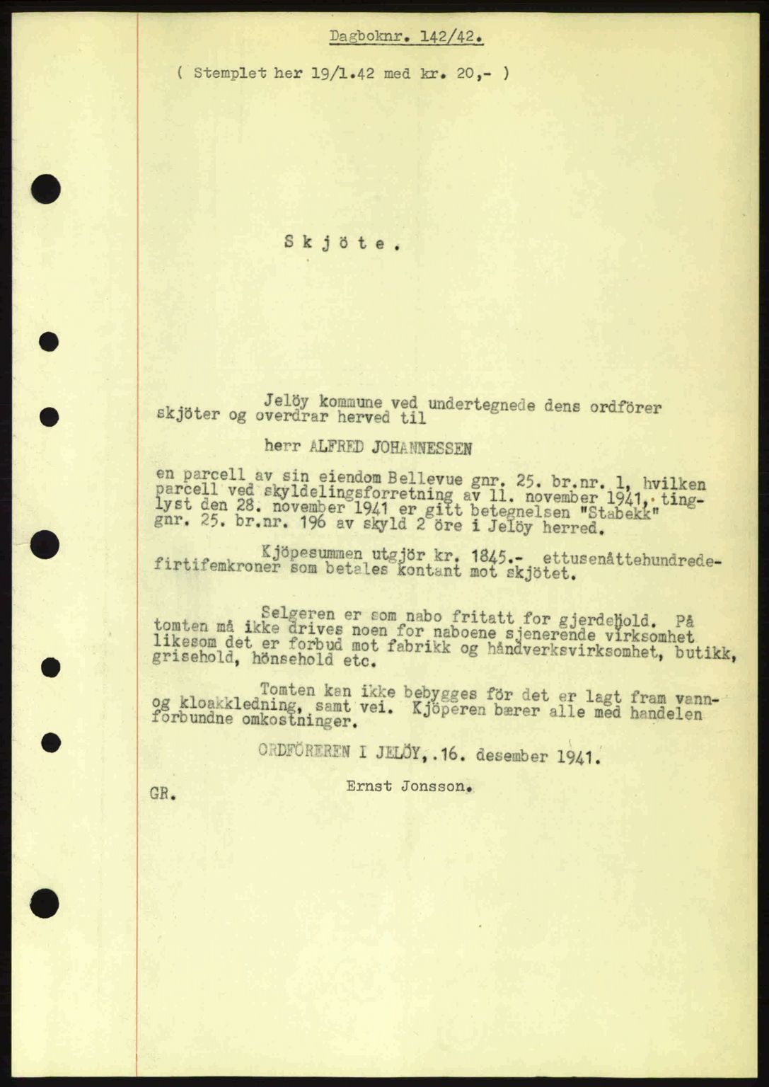 Moss sorenskriveri, SAO/A-10168: Pantebok nr. A9, 1941-1942, Dagboknr: 142/1942