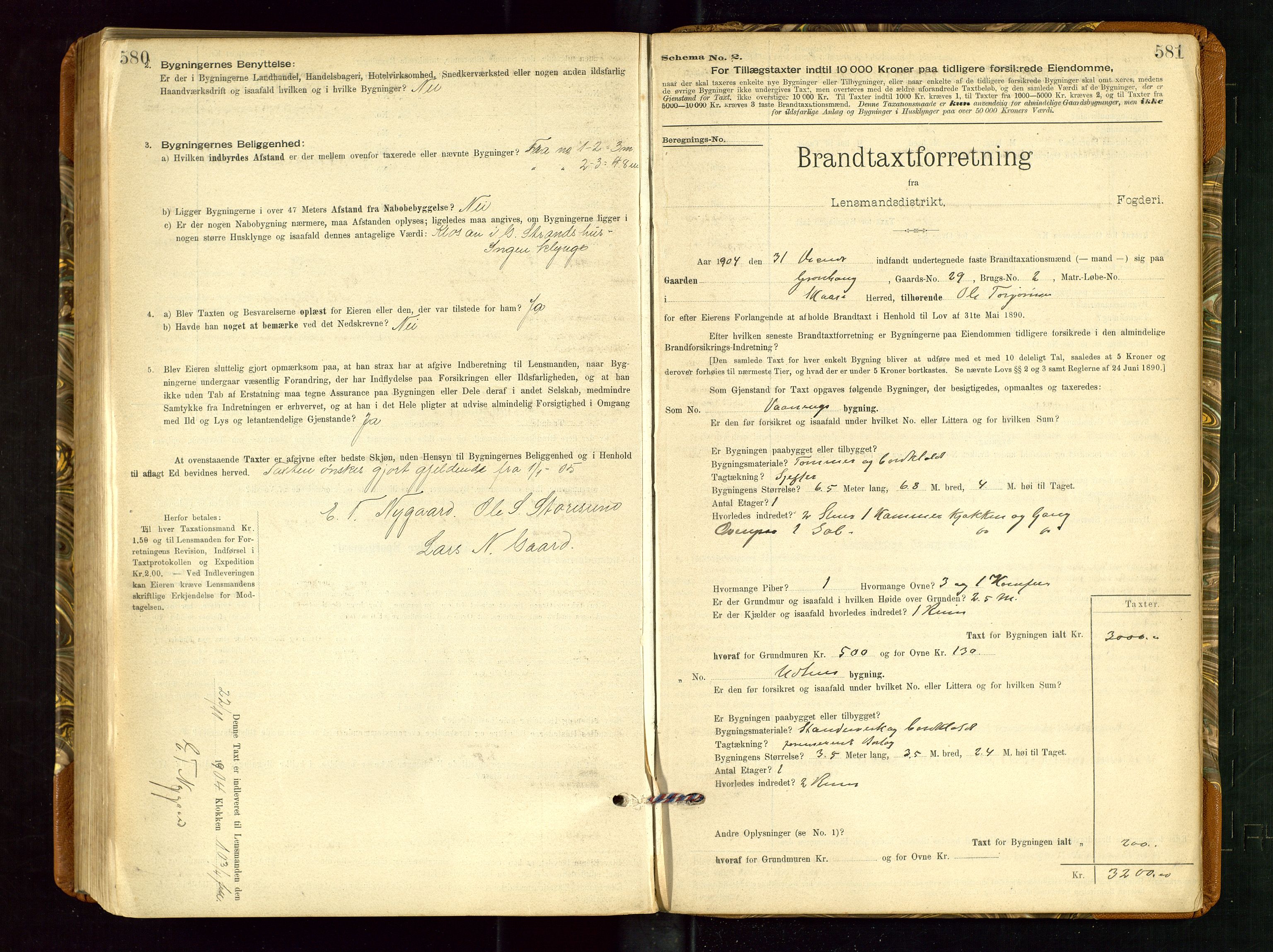 Torvestad lensmannskontor, SAST/A-100307/1/Gob/L0002: "Brandtakstprotokol for Lensmanden i Torvestad", 1900-1905, s. 580-581