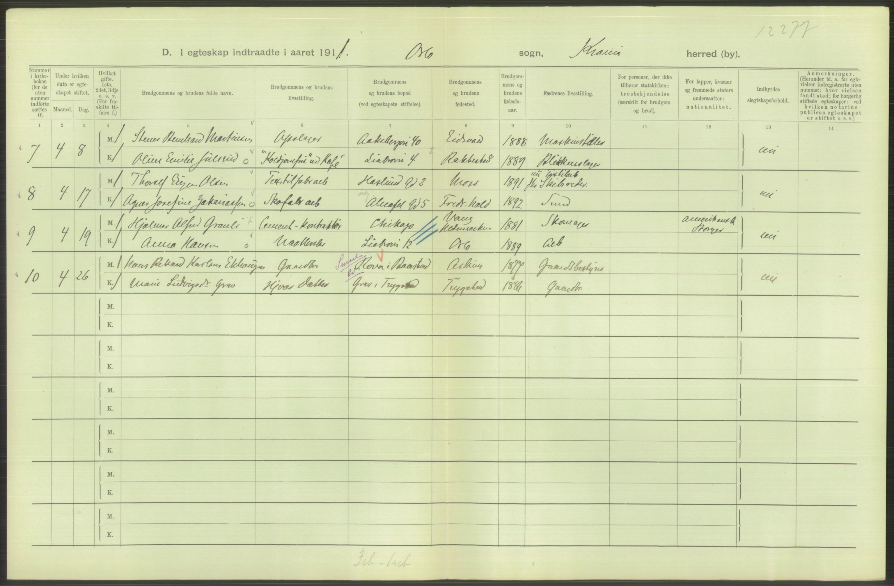 Statistisk sentralbyrå, Sosiodemografiske emner, Befolkning, AV/RA-S-2228/D/Df/Dfb/Dfba/L0008: Kristiania: Gifte, 1911, s. 194