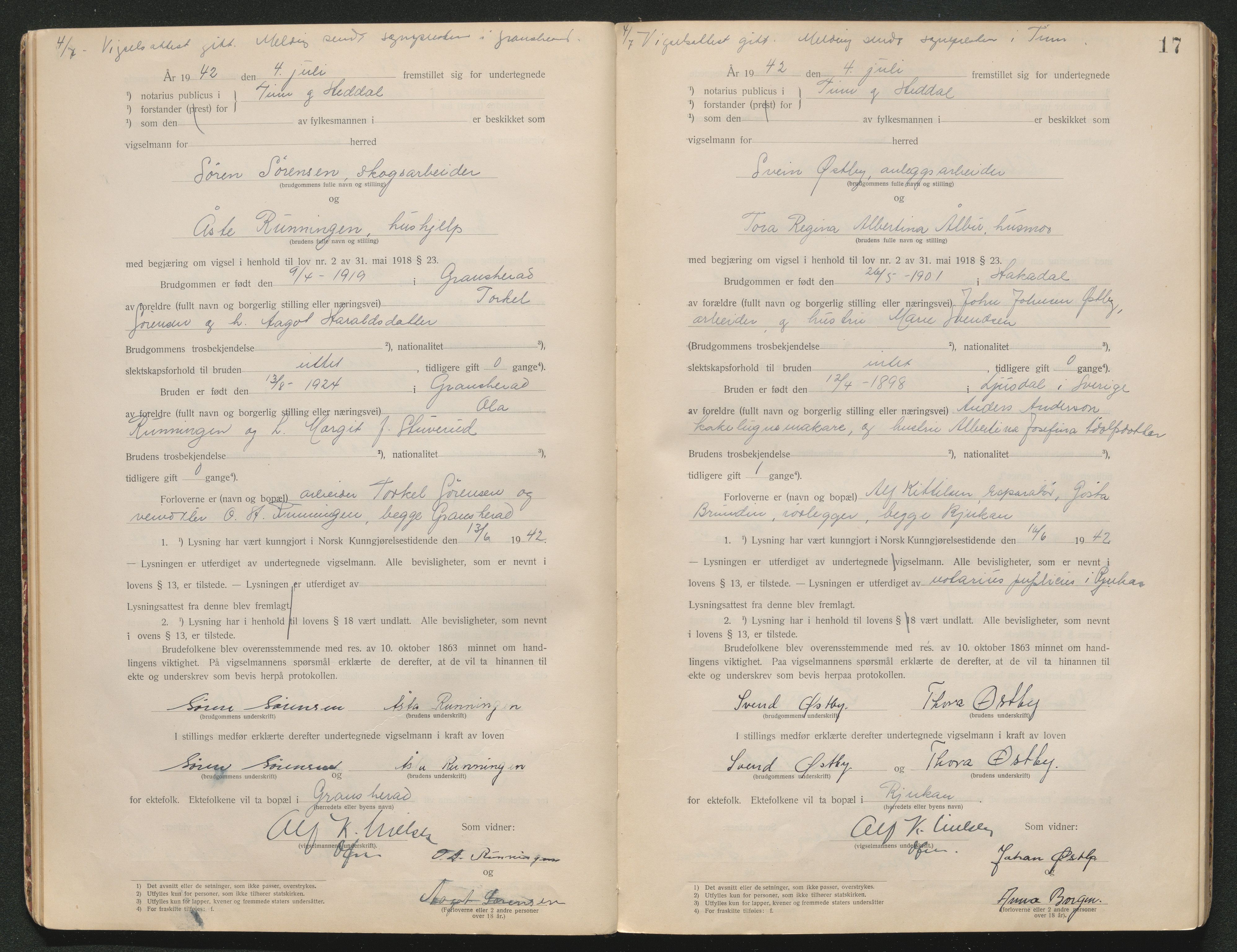 Tinn og Heddal sorenskriveri, AV/SAKO-A-212/L/La/L0003: Vigselsbok - , 1920-1945, s. 17