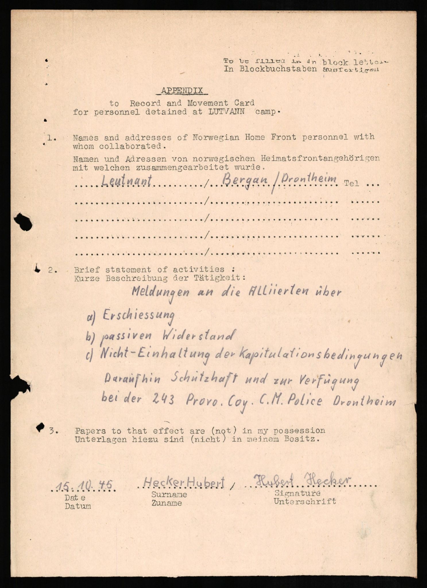 Forsvaret, Forsvarets overkommando II, AV/RA-RAFA-3915/D/Db/L0012: CI Questionaires. Tyske okkupasjonsstyrker i Norge. Tyskere., 1945-1946, s. 173