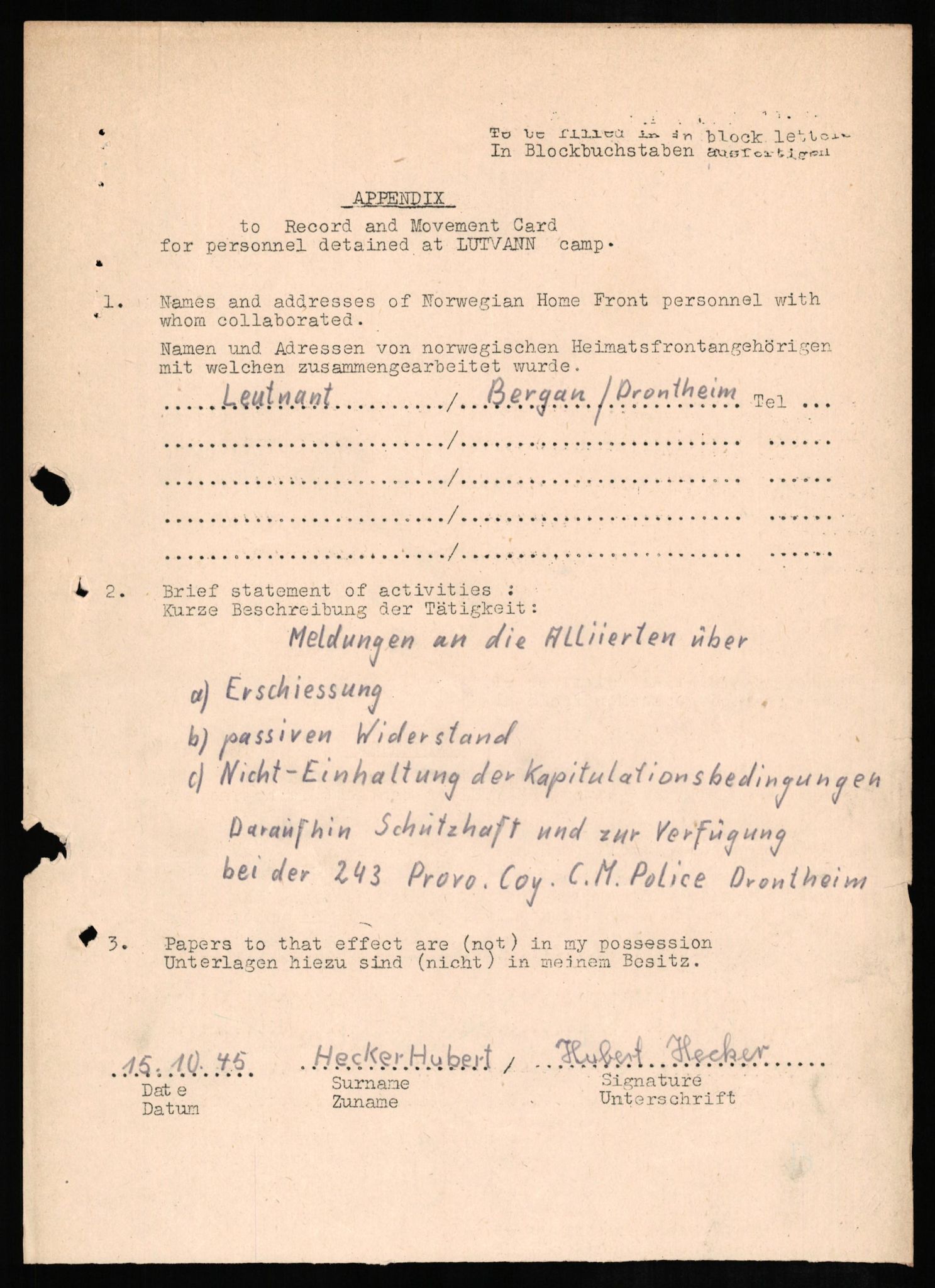 Forsvaret, Forsvarets overkommando II, RA/RAFA-3915/D/Db/L0012: CI Questionaires. Tyske okkupasjonsstyrker i Norge. Tyskere., 1945-1946, s. 173