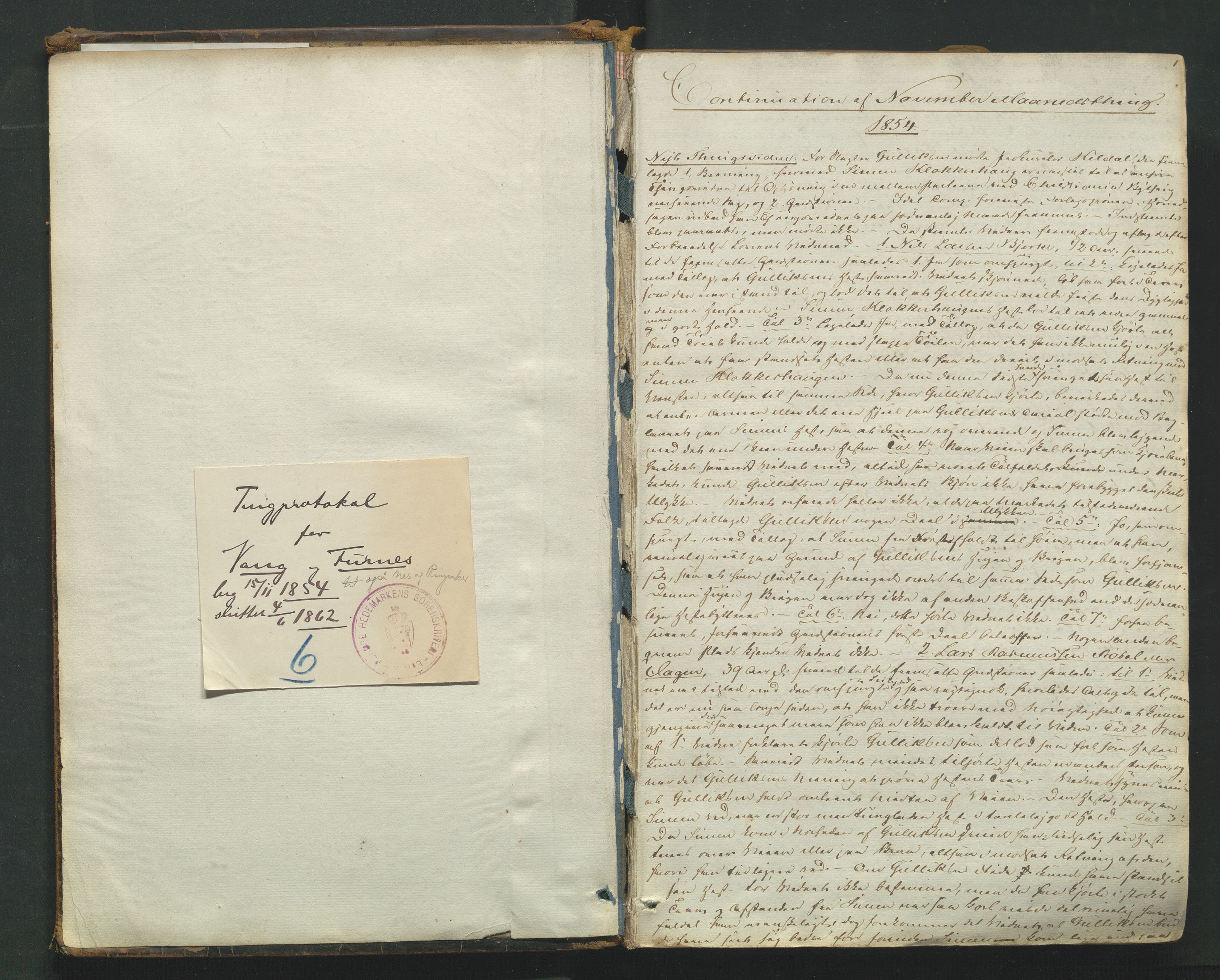 Nord-Hedmark sorenskriveri, AV/SAH-TING-012/G/Gb/L0007: Tingbok, 1854-1862, s. 1a