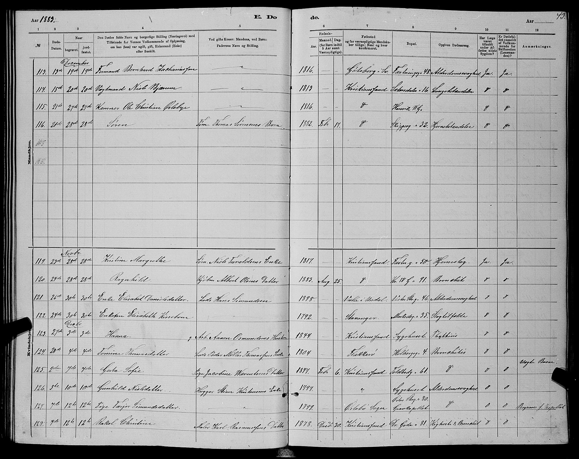 Kristiansand domprosti, AV/SAK-1112-0006/F/Fb/L0016: Klokkerbok nr. B 16, 1881-1893, s. 43