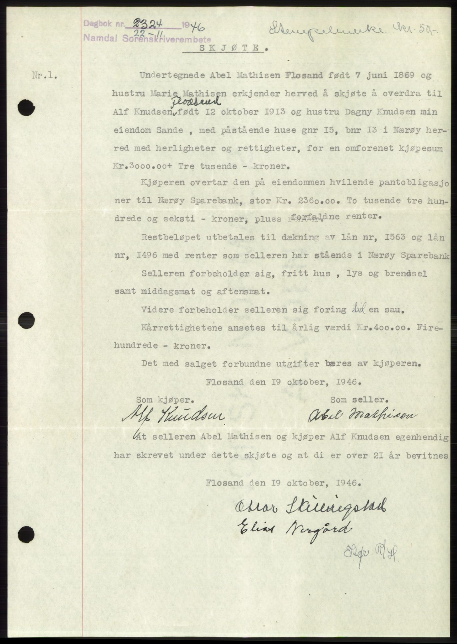 Namdal sorenskriveri, SAT/A-4133/1/2/2C: Pantebok nr. -, 1946-1947, Dagboknr: 2324/1946