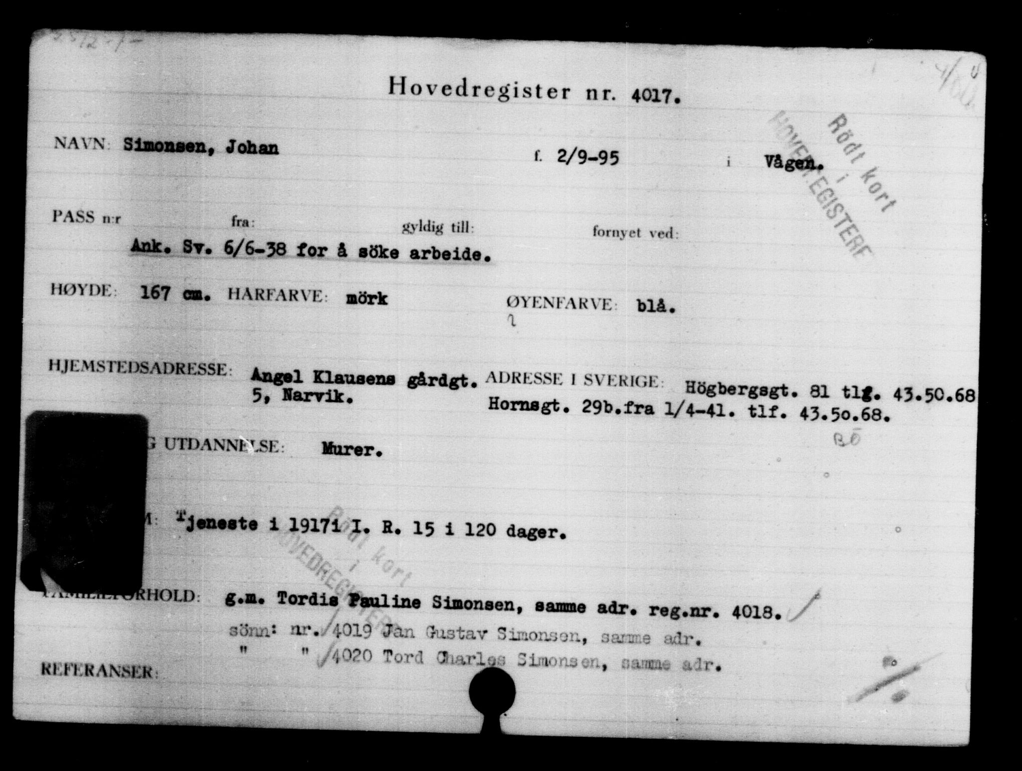Utenriksstasjonene, Legasjonen i Stockholm, Flyktningkontoret, AV/RA-S-6753/V/Va/L0004: Kjesäterkartoteket, flyktninger med registreringsnr. 3496-6610, 1940-1945, s. 606