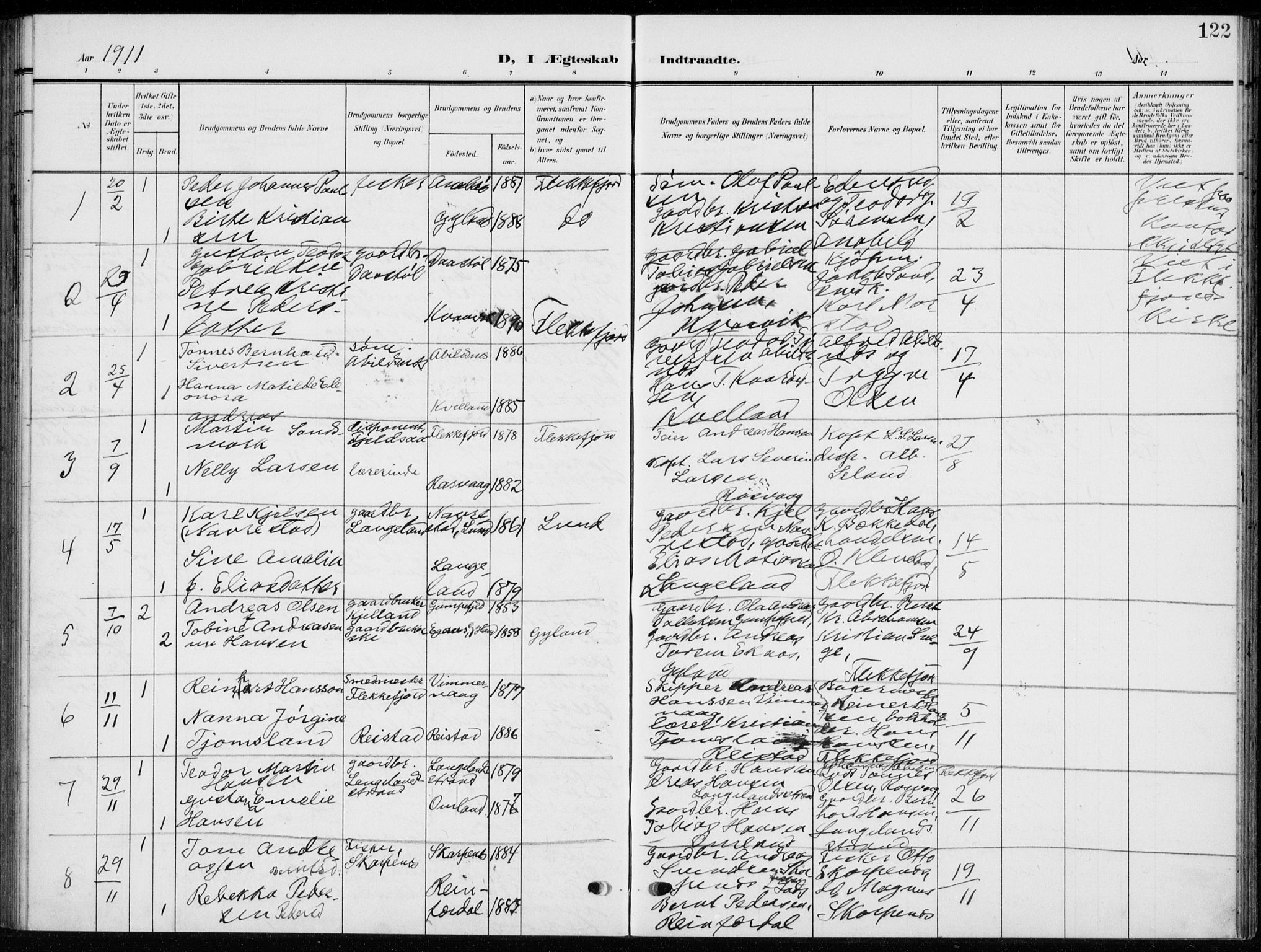 Flekkefjord sokneprestkontor, AV/SAK-1111-0012/F/Fb/Fbb/L0005: Klokkerbok nr. B 5, 1908-1927, s. 122