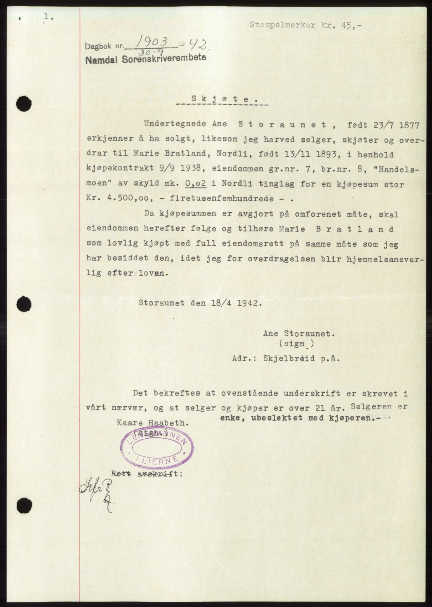 Namdal sorenskriveri, SAT/A-4133/1/2/2C: Pantebok nr. -, 1942-1943, Dagboknr: 1903/1942