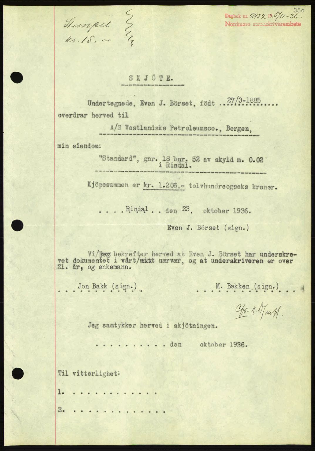 Nordmøre sorenskriveri, SAT/A-4132/1/2/2Ca: Pantebok nr. A80, 1936-1937, Dagboknr: 2432/1936
