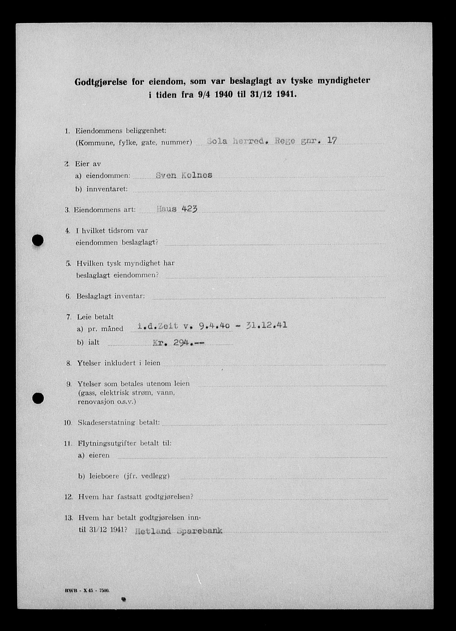 Justisdepartementet, Tilbakeføringskontoret for inndratte formuer, AV/RA-S-1564/I/L1014: Godtgjørelse for beslaglagt eiendom, 1940-1941, s. 454