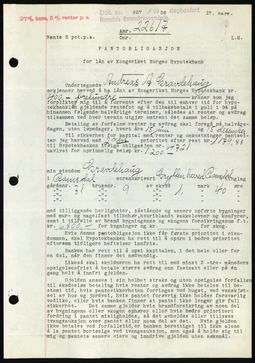 Romsdal sorenskriveri, SAT/A-4149/1/2/2C: Pantebok nr. B1, 1936-1939, Dagboknr: 657/1936