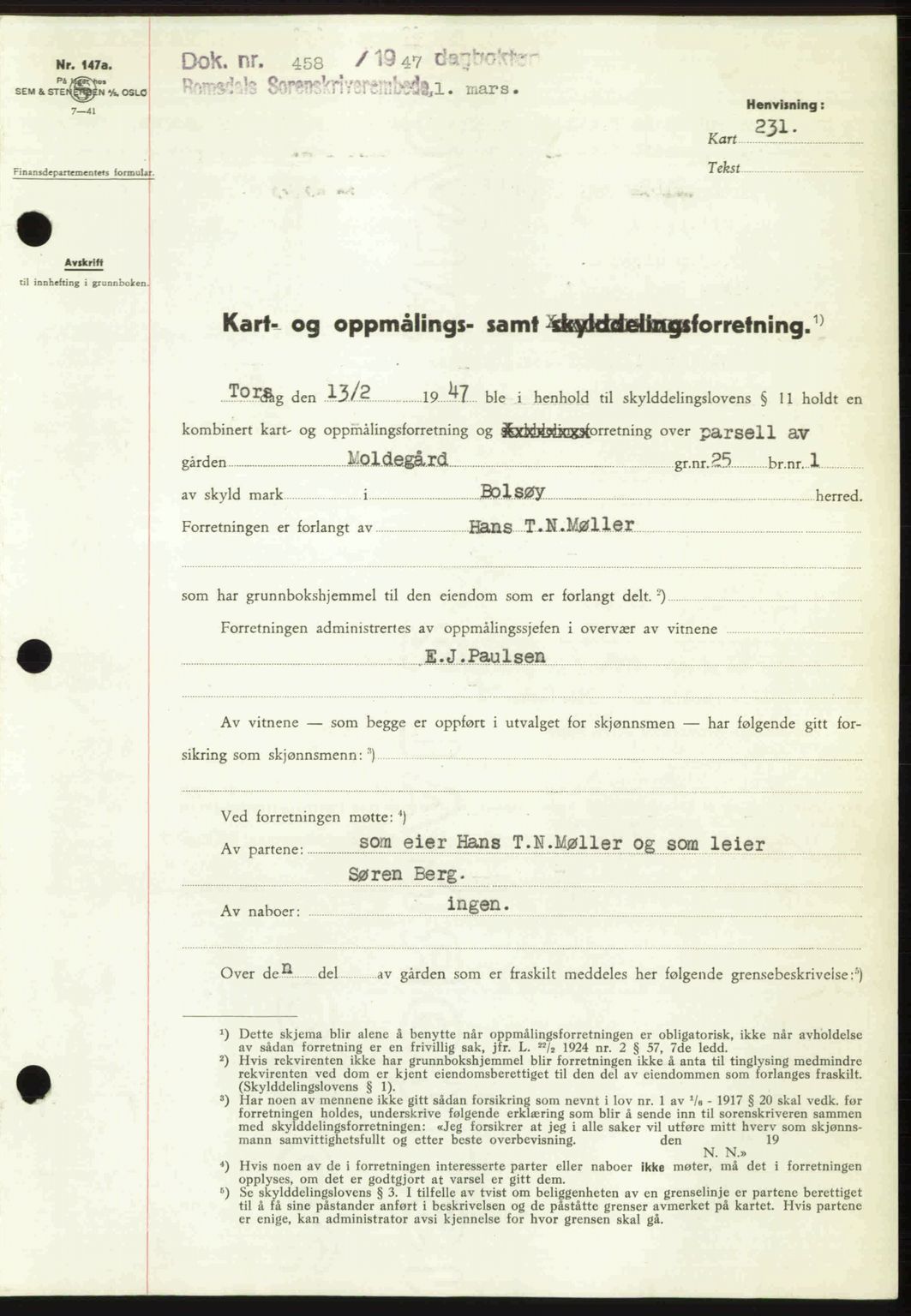 Romsdal sorenskriveri, AV/SAT-A-4149/1/2/2C: Pantebok nr. A22, 1947-1947, Dagboknr: 458/1947