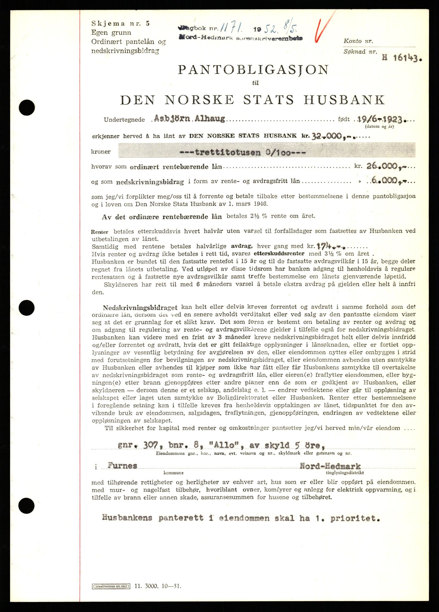 Nord-Hedmark sorenskriveri, SAH/TING-012/H/Hb/Hbf/L0025: Pantebok nr. B25, 1952-1952, Dagboknr: 1171/1952