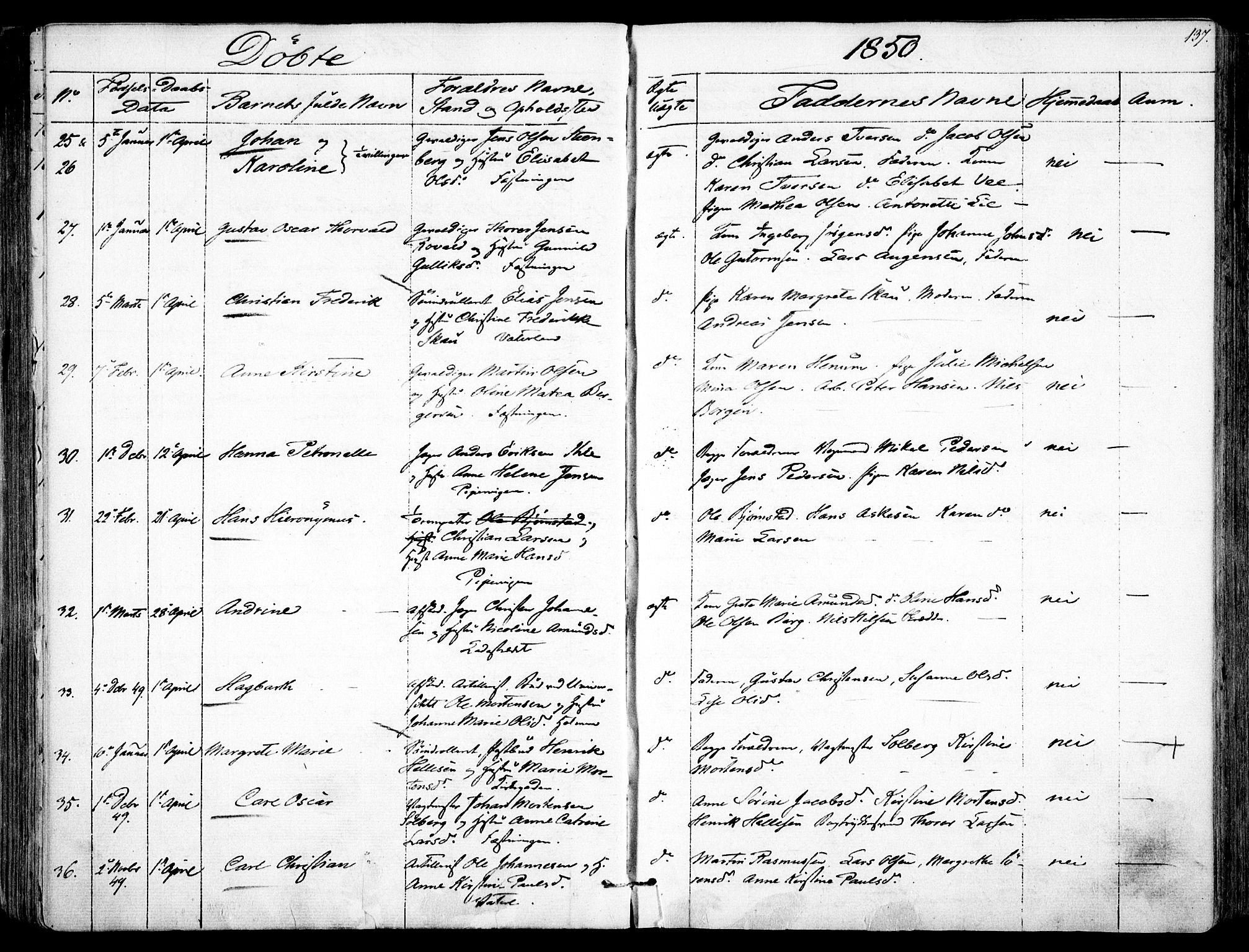 Garnisonsmenigheten Kirkebøker, AV/SAO-A-10846/F/Fa/L0008: Ministerialbok nr. 8, 1842-1859, s. 137