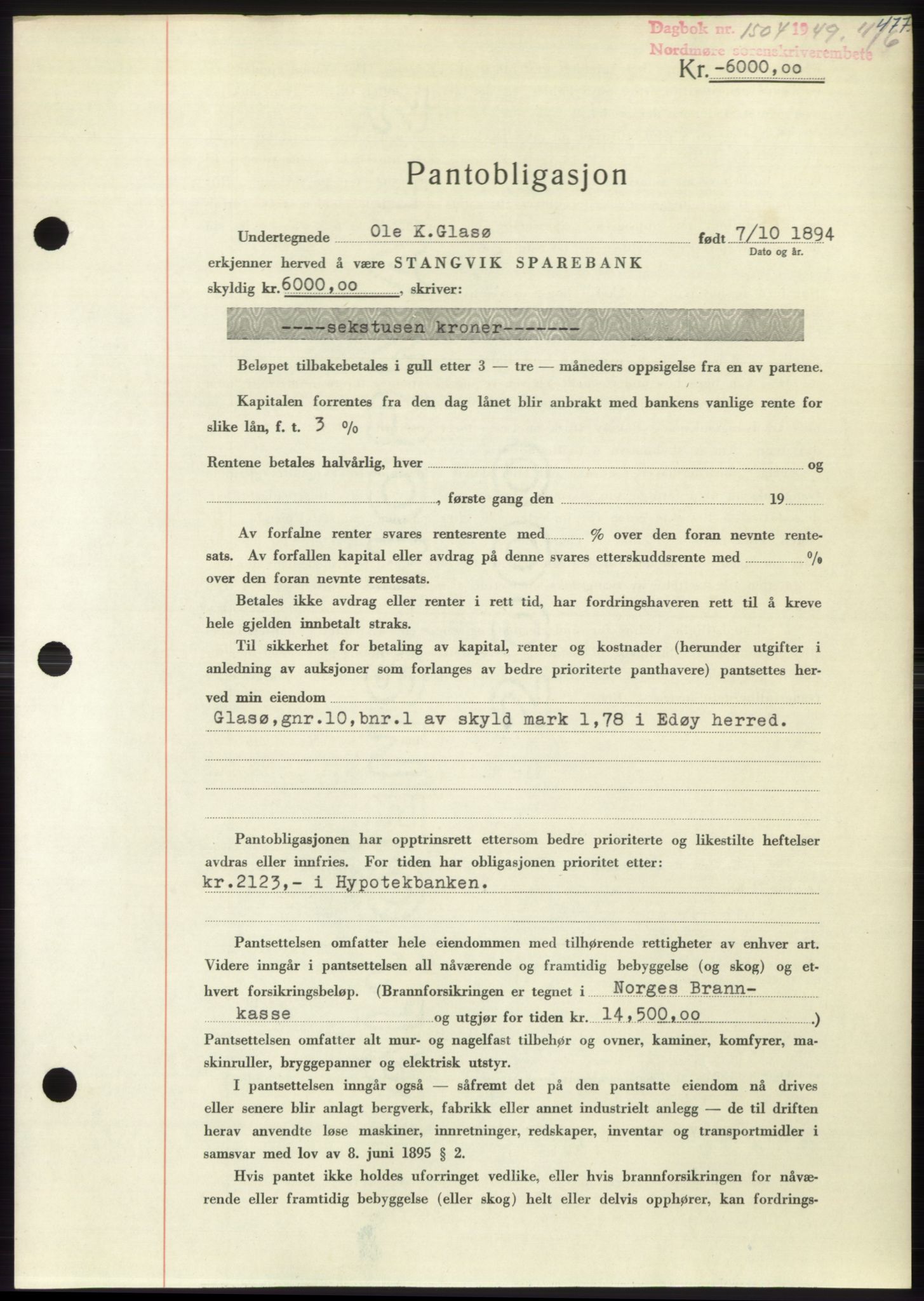 Nordmøre sorenskriveri, SAT/A-4132/1/2/2Ca: Pantebok nr. B101, 1949-1949, Dagboknr: 1504/1949