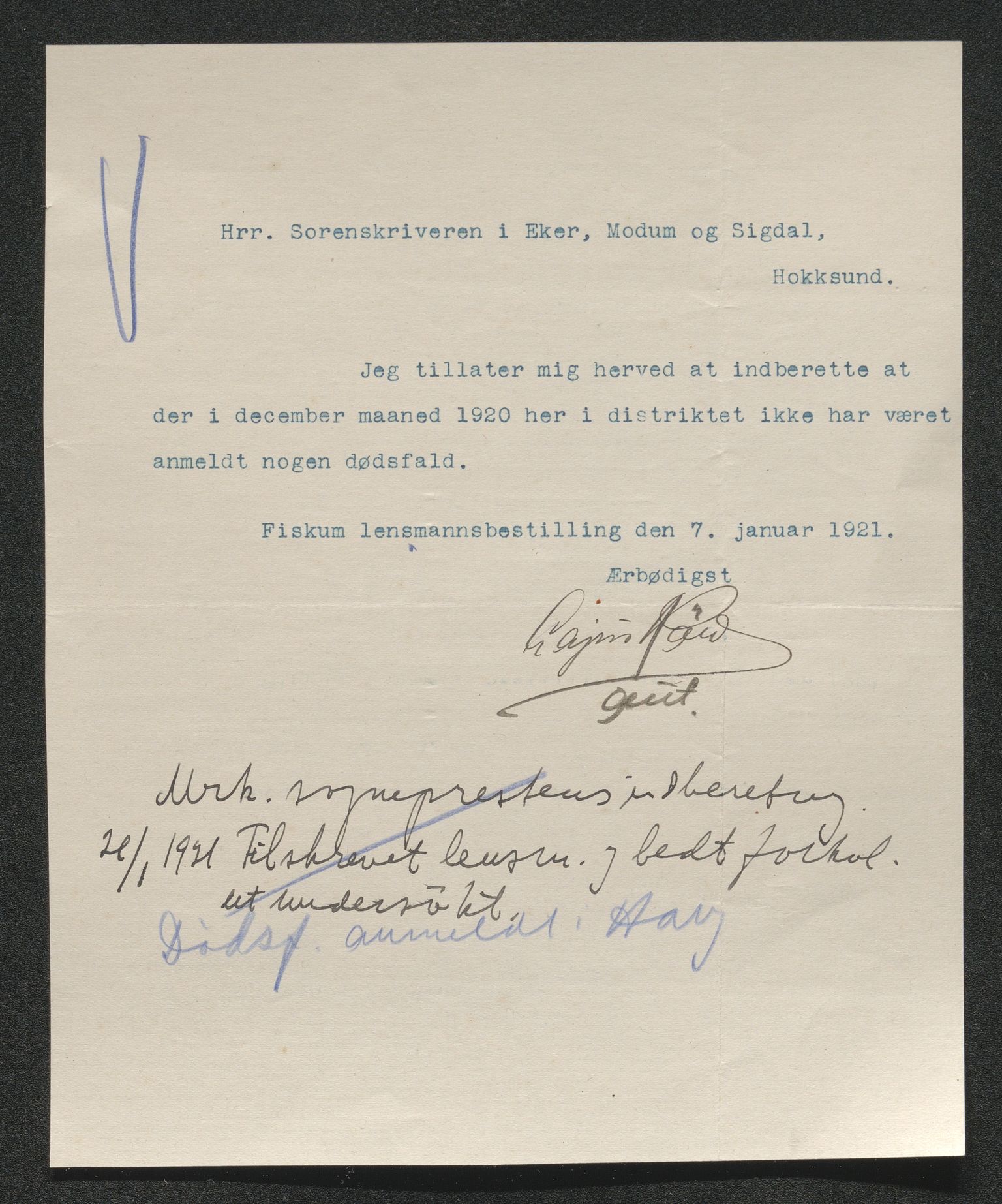 Eiker, Modum og Sigdal sorenskriveri, AV/SAKO-A-123/H/Ha/Hab/L0040: Dødsfallsmeldinger, 1920-1921, s. 262
