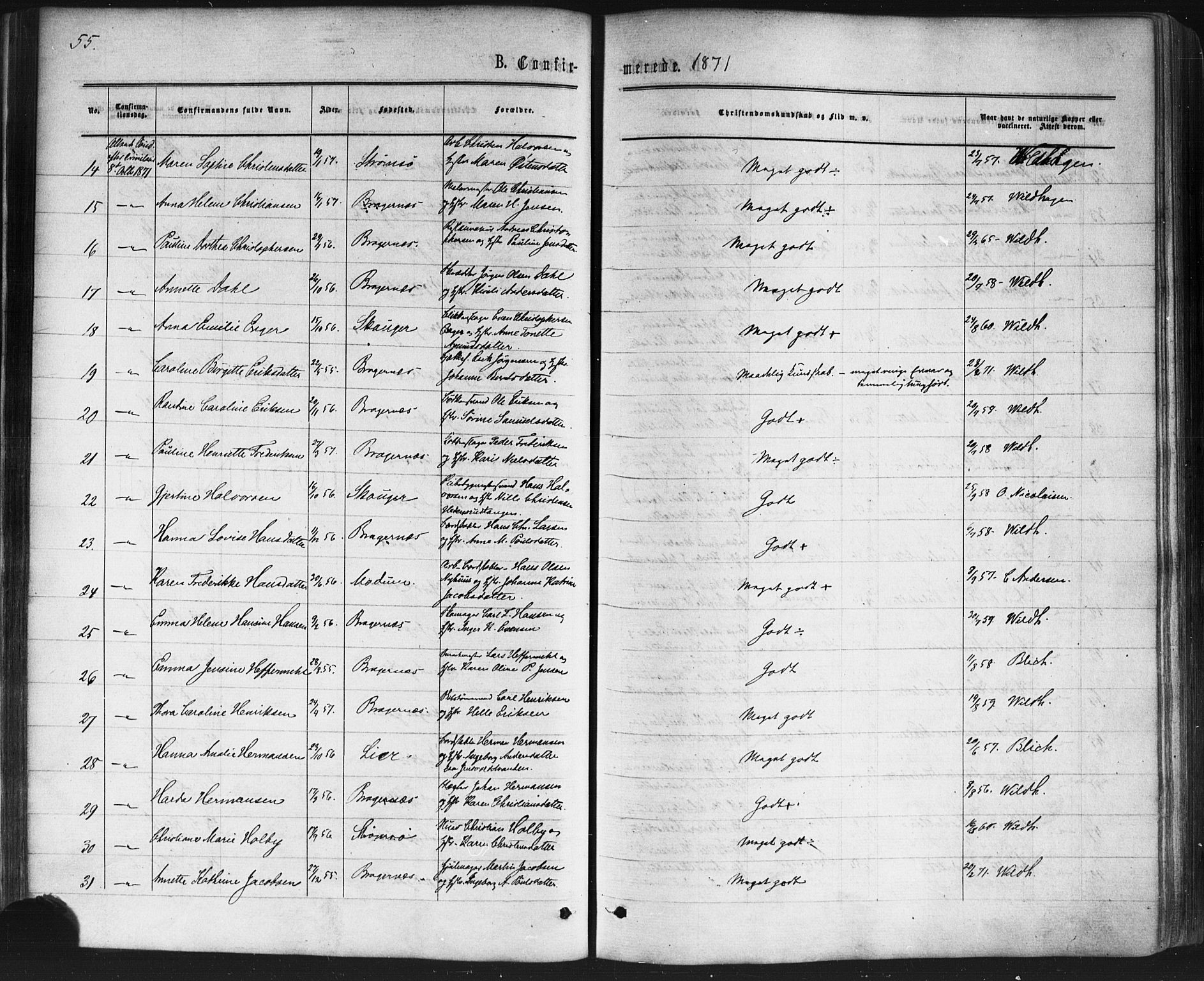 Bragernes kirkebøker, AV/SAKO-A-6/F/Fc/L0003: Ministerialbok nr. III 3, 1865-1874, s. 55