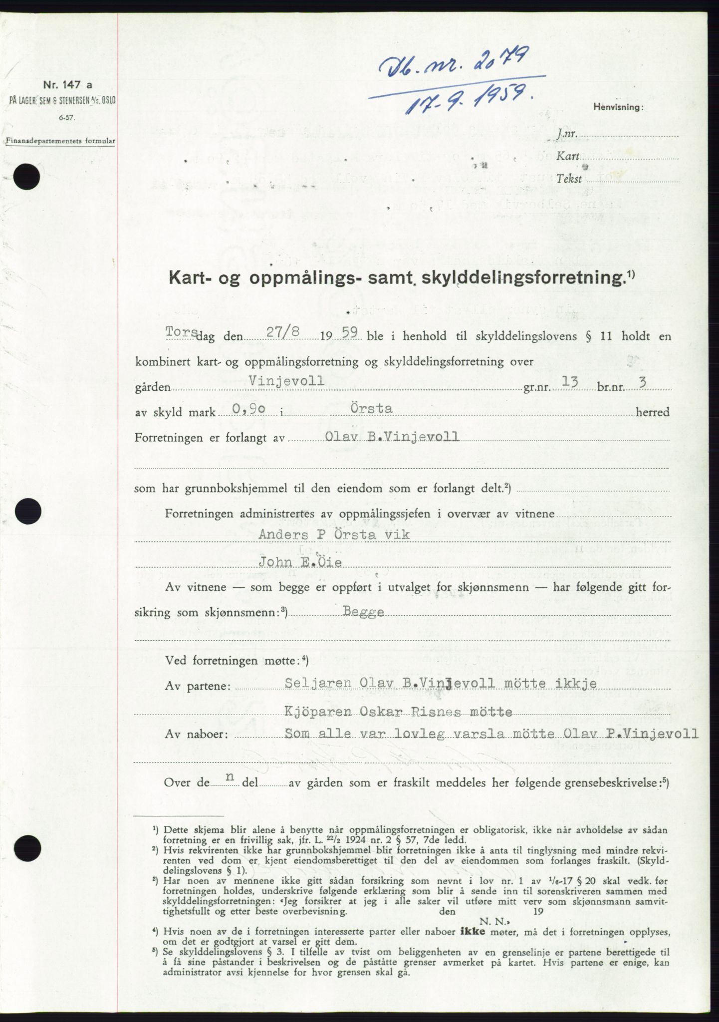 Søre Sunnmøre sorenskriveri, SAT/A-4122/1/2/2C/L0113: Pantebok nr. 39A, 1959-1959, Dagboknr: 2079/1959