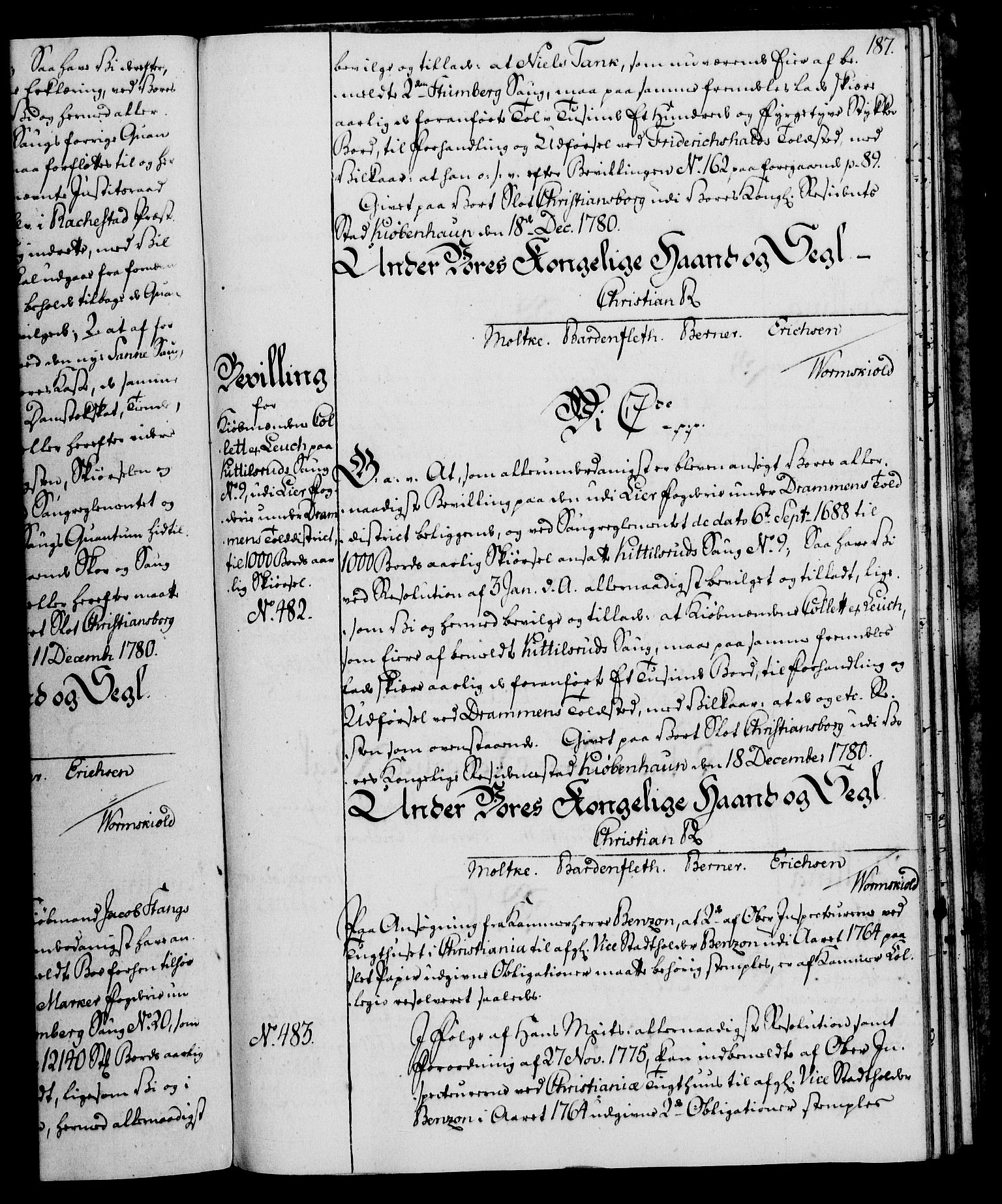 Rentekammeret, Kammerkanselliet, RA/EA-3111/G/Gg/Gga/L0011: Norsk ekspedisjonsprotokoll med register (merket RK 53.11), 1779-1781, s. 187