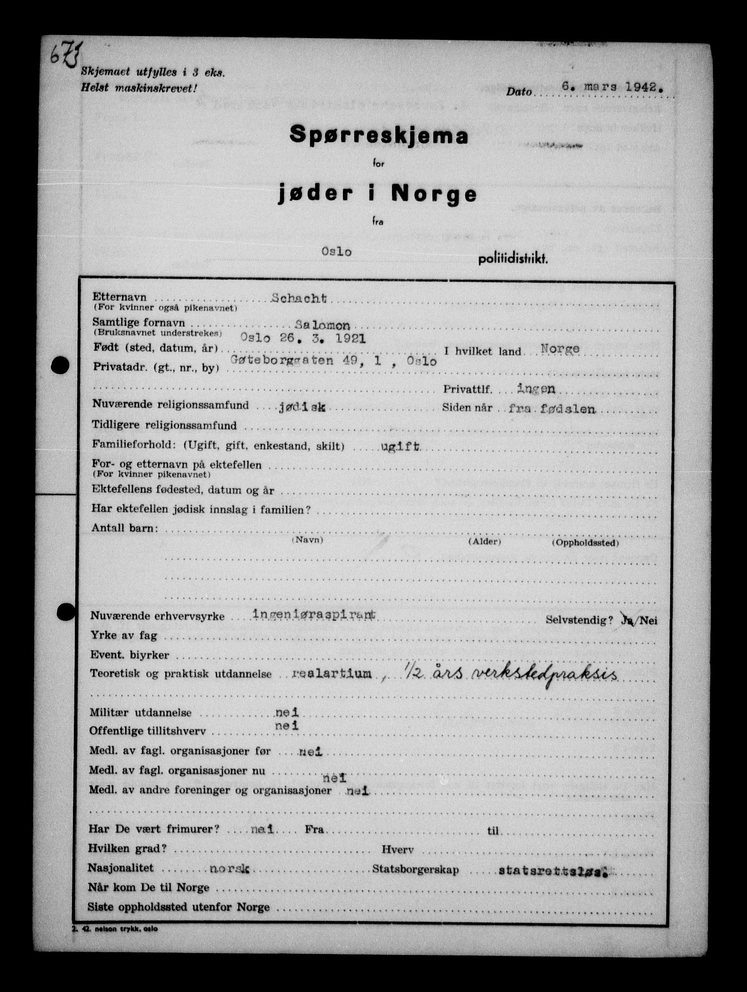 Statspolitiet - Hovedkontoret / Osloavdelingen, AV/RA-S-1329/G/Ga/L0011/0001: Spørreskjema for jøder i Norge / Jøder bosatt i Oslo, Plavnik - Zwillinger, 1942, s. 190