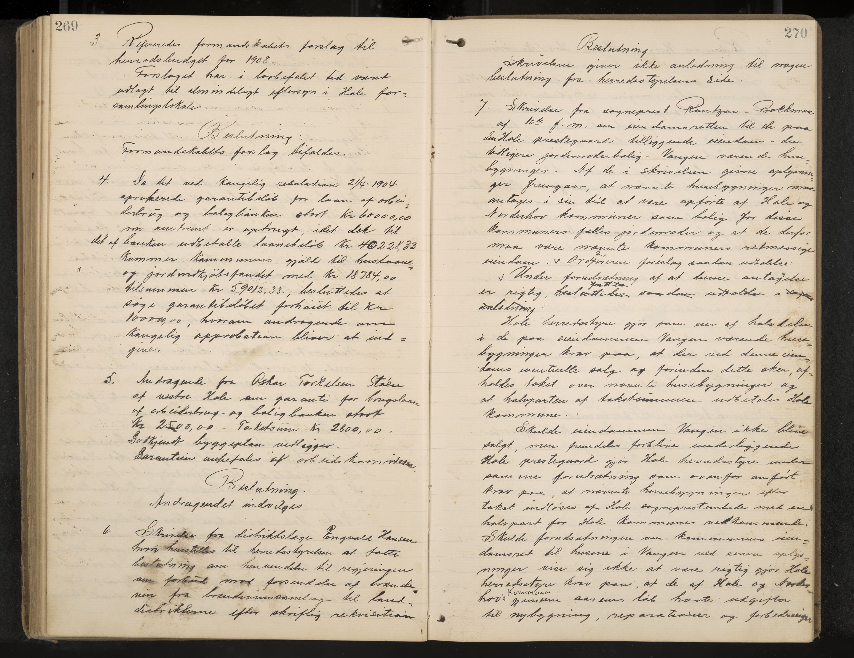Hole formannskap og sentraladministrasjon, IKAK/0612021-1/A/Aa/L0004: Møtebok med register, 1902-1910, s. 269-270