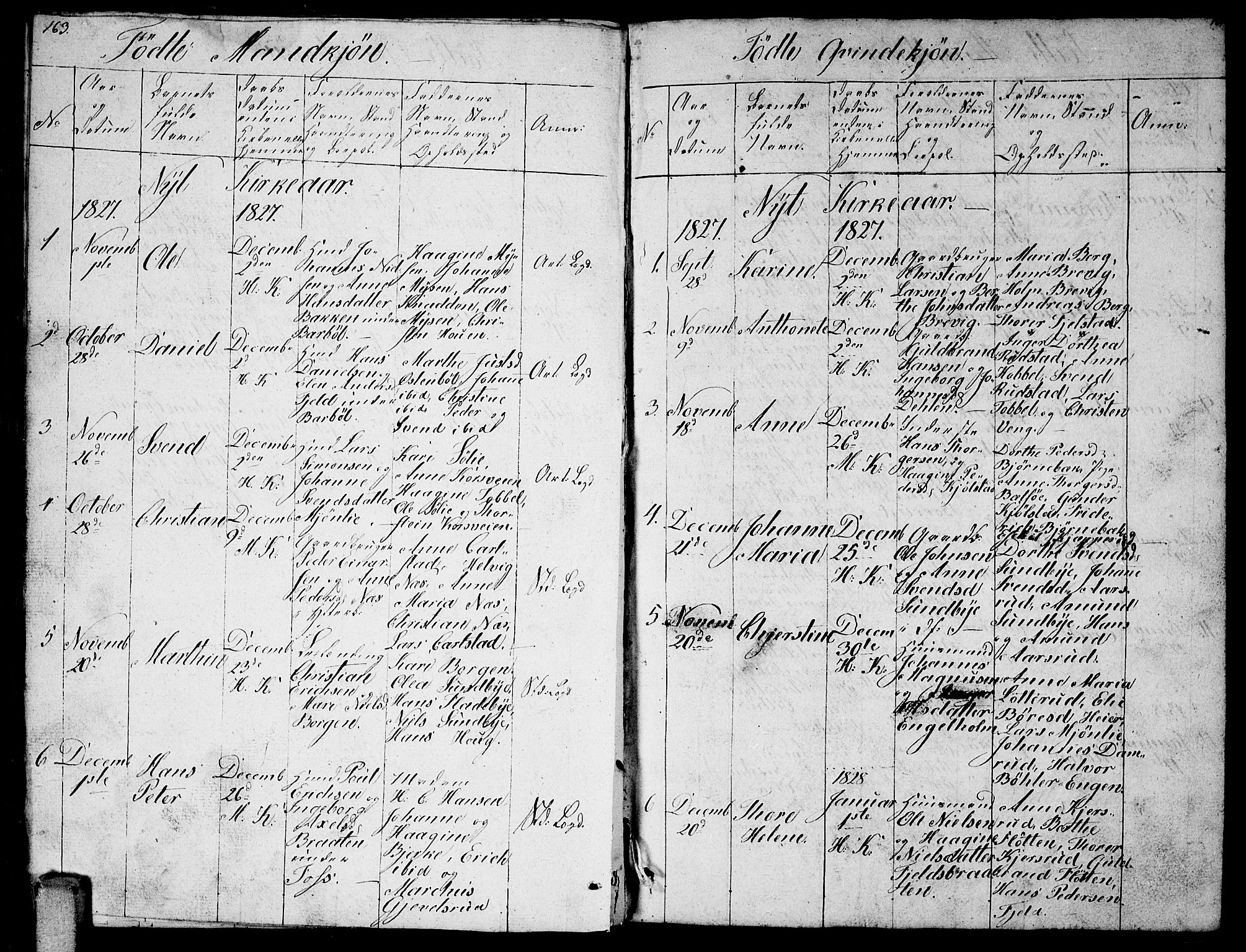 Enebakk prestekontor Kirkebøker, AV/SAO-A-10171c/G/Ga/L0002: Klokkerbok nr. I 2, 1822-1833, s. 163-164