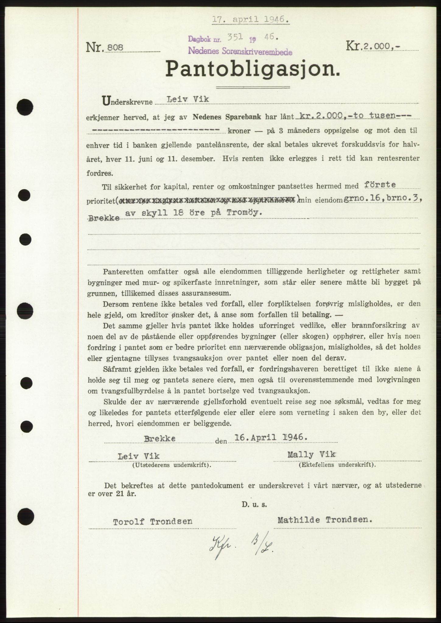 Nedenes sorenskriveri, SAK/1221-0006/G/Gb/Gbb/L0003: Pantebok nr. B3b, 1946-1946, Dagboknr: 351/1946