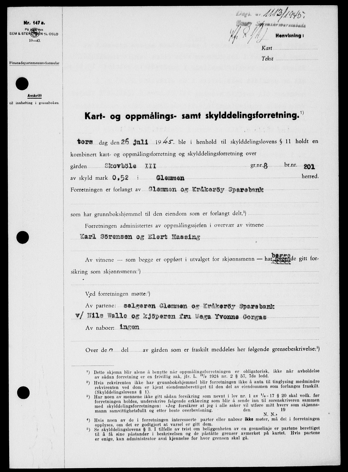 Onsøy sorenskriveri, SAO/A-10474/G/Ga/Gab/L0014: Pantebok nr. II A-14, 1944-1945, Dagboknr: 1113/1945