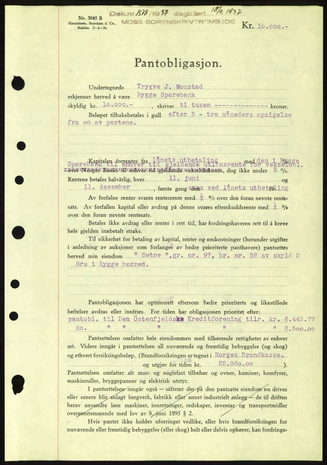 Moss sorenskriveri, SAO/A-10168: Pantebok nr. B4, 1937-1938, Dagboknr: 1578/1937