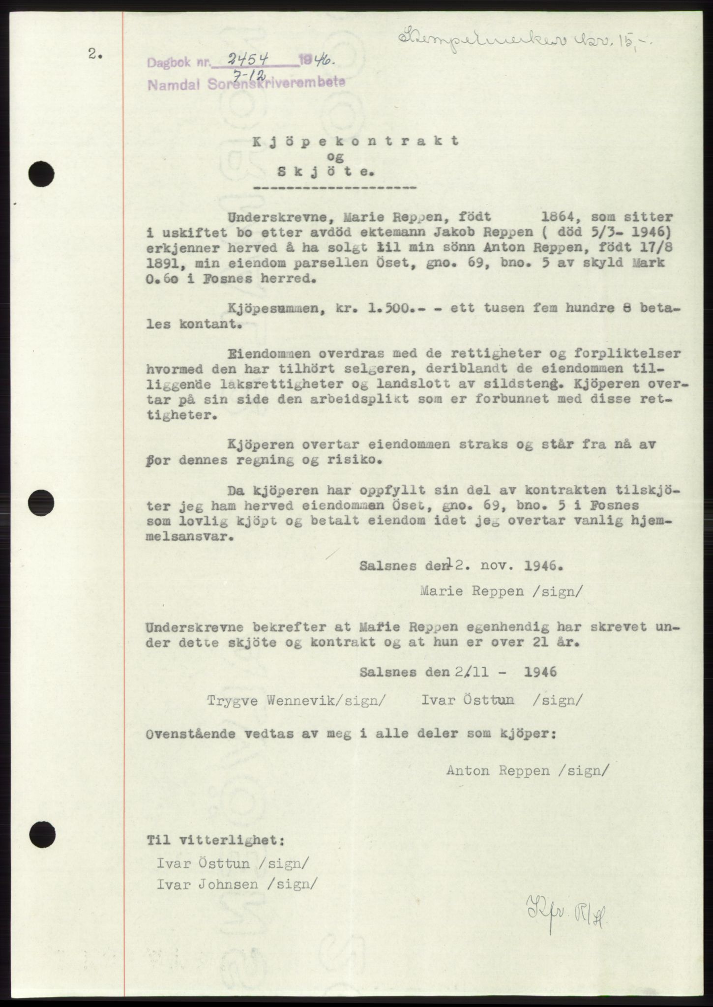Namdal sorenskriveri, SAT/A-4133/1/2/2C: Pantebok nr. -, 1946-1947, Dagboknr: 2454/1946