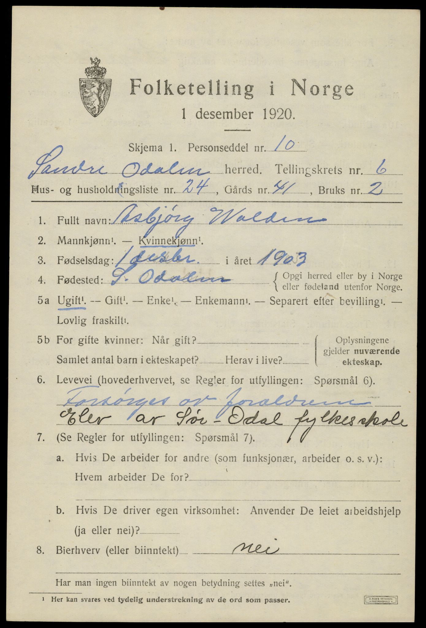 SAH, Folketelling 1920 for 0419 Sør-Odal herred, 1920, s. 7049