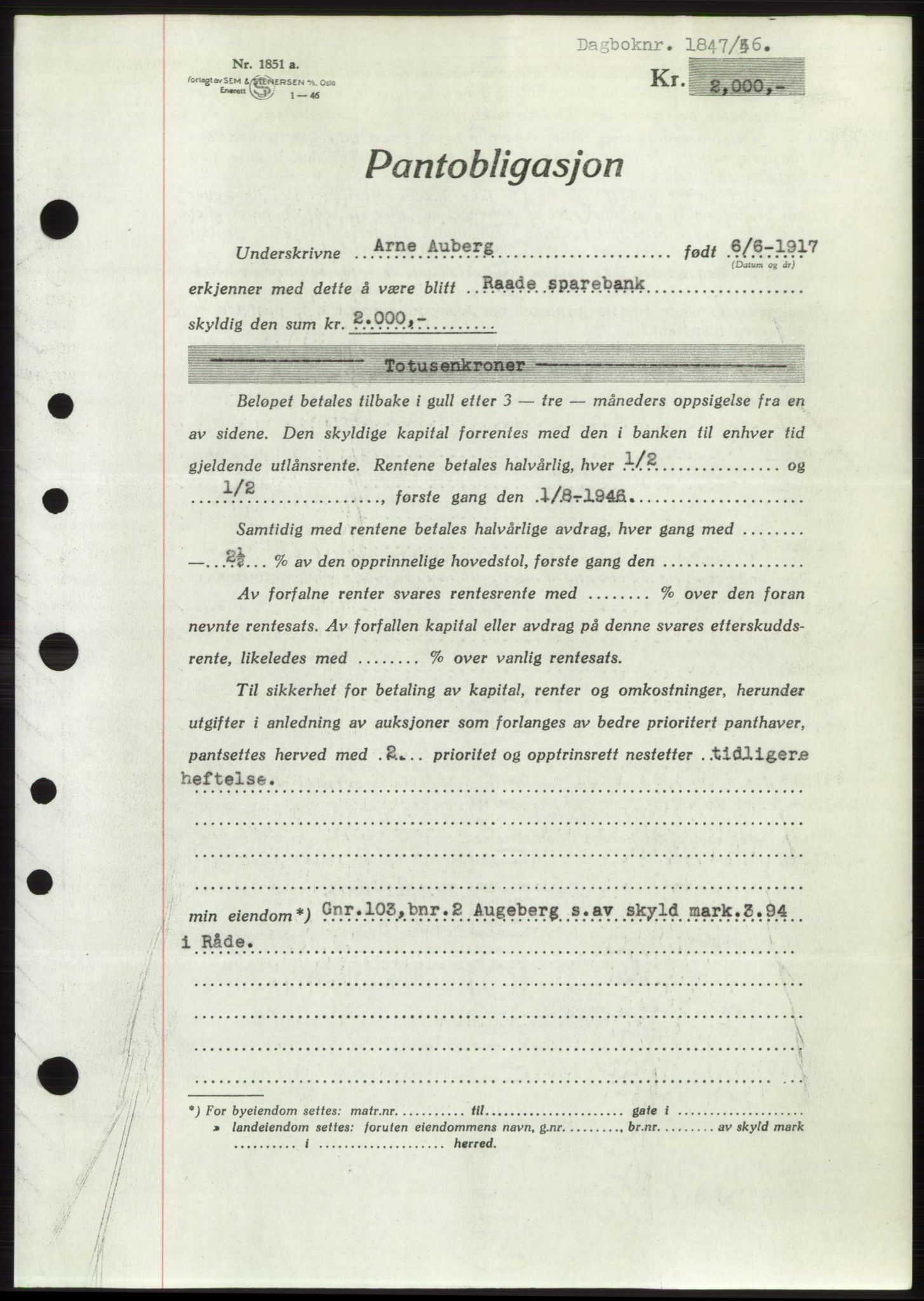 Moss sorenskriveri, SAO/A-10168: Pantebok nr. B15, 1946-1946, Dagboknr: 1847/1946