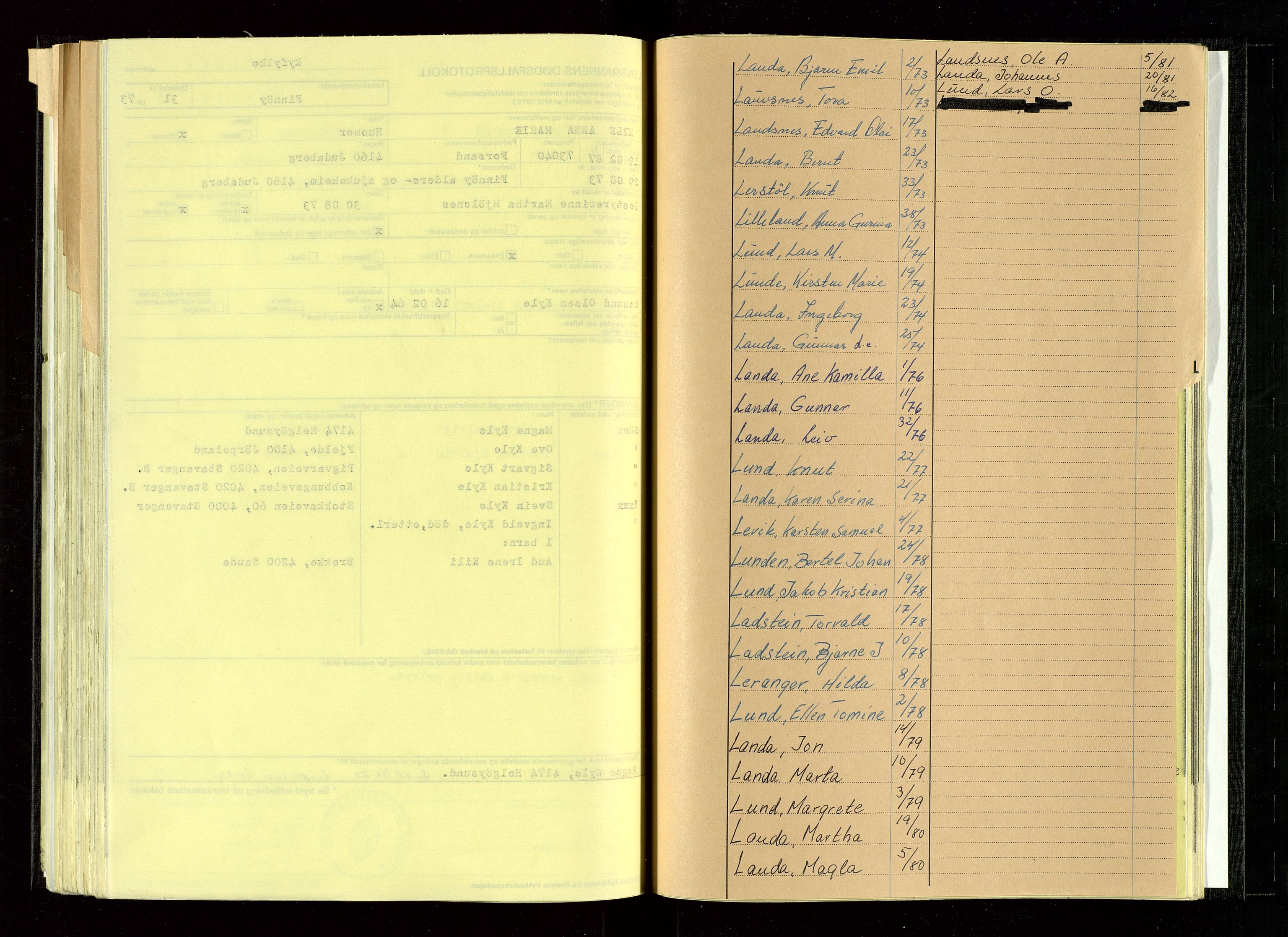 Finnøy lensmannskontor, SAST/A-100442/Gga/L0004: Dødsfallsprotokoll - A-L, 1973-1982