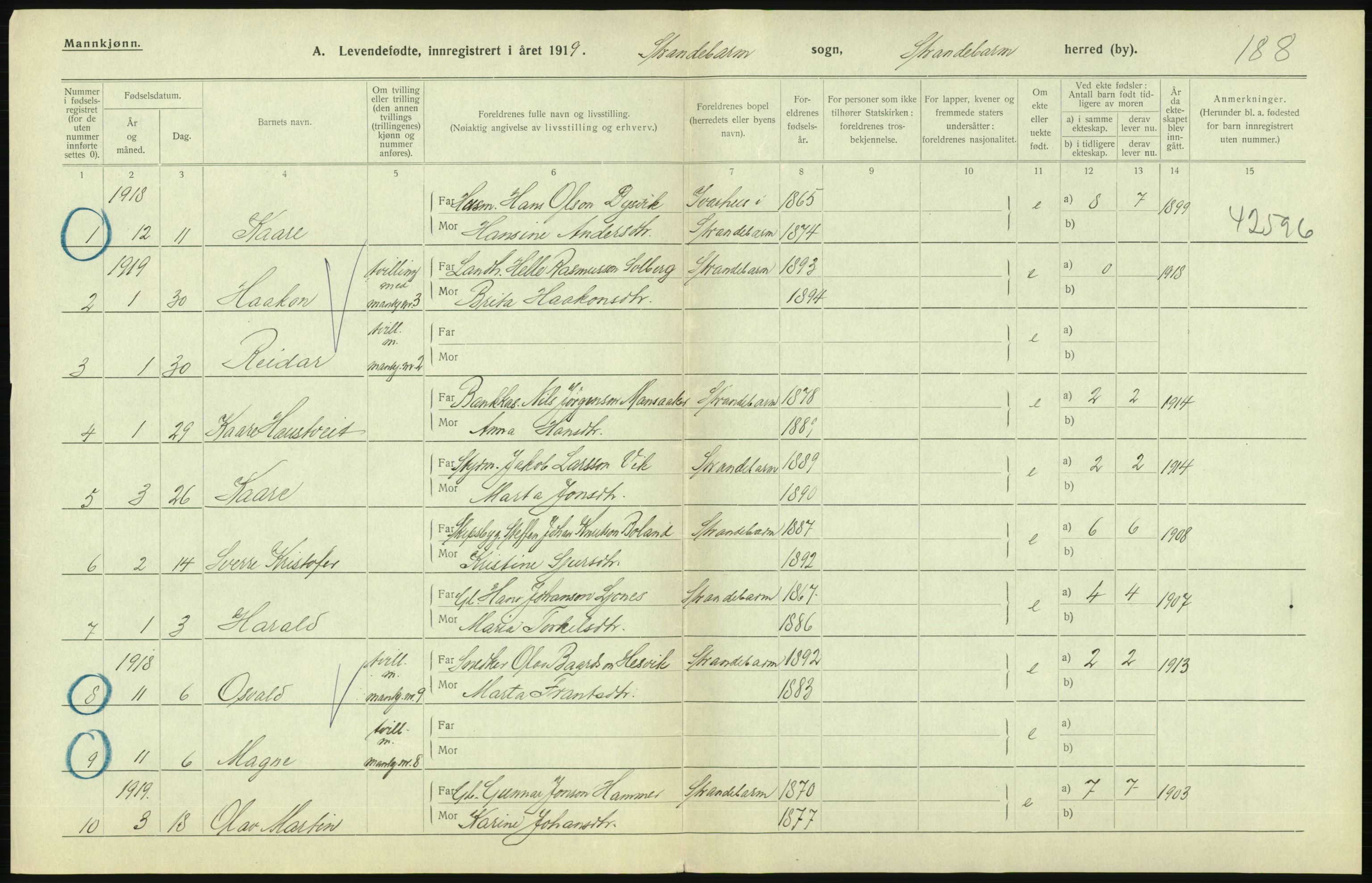 Statistisk sentralbyrå, Sosiodemografiske emner, Befolkning, RA/S-2228/D/Df/Dfb/Dfbi/L0031: Hordaland fylke: Levendefødte menn og kvinner. Bygder., 1919, s. 490