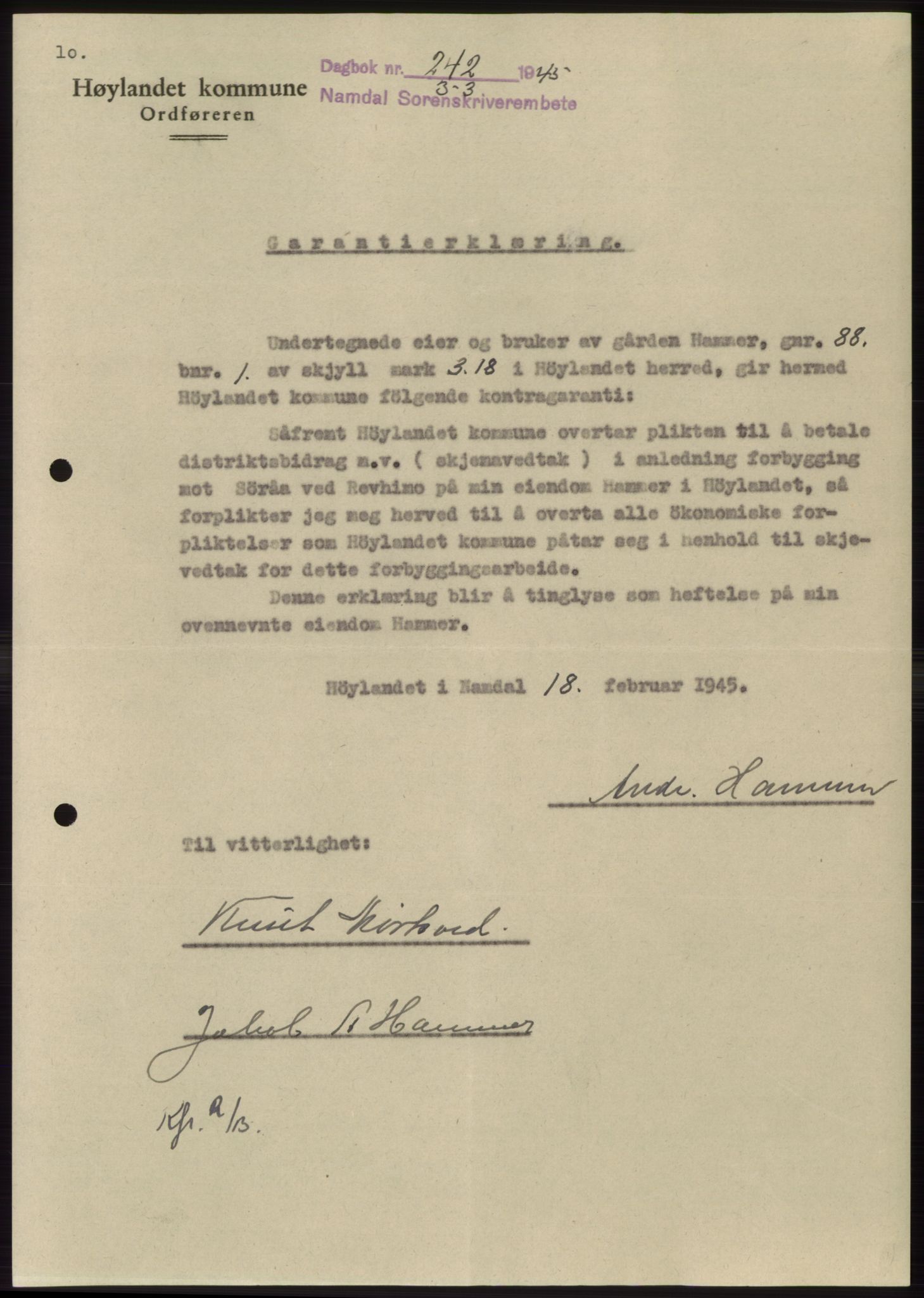 Namdal sorenskriveri, SAT/A-4133/1/2/2C: Pantebok nr. -, 1944-1945, Dagboknr: 242/1945