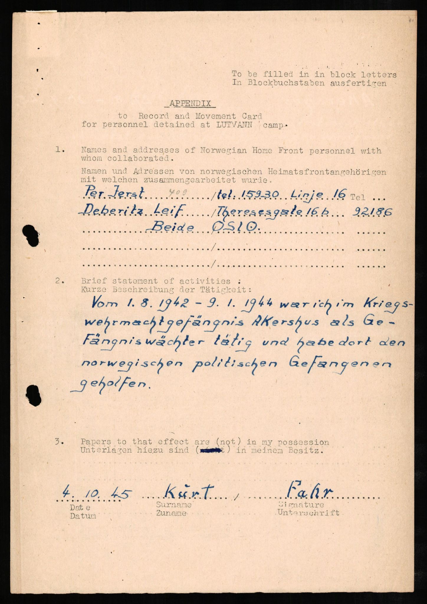 Forsvaret, Forsvarets overkommando II, RA/RAFA-3915/D/Db/L0007: CI Questionaires. Tyske okkupasjonsstyrker i Norge. Tyskere., 1945-1946, s. 400